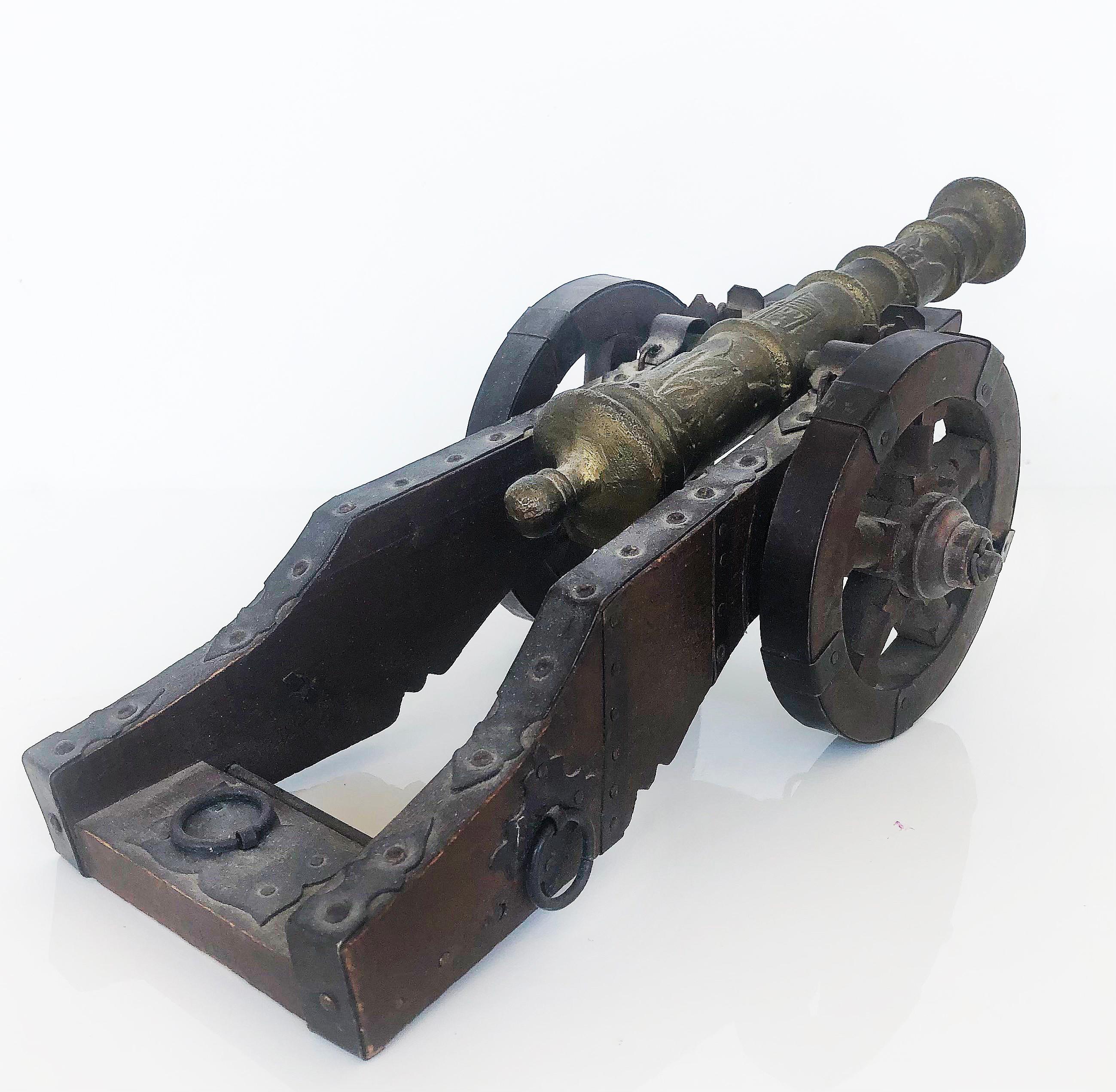 20th Century Antique Miniature Bronze Cannon on Cariage with Wood & Metal