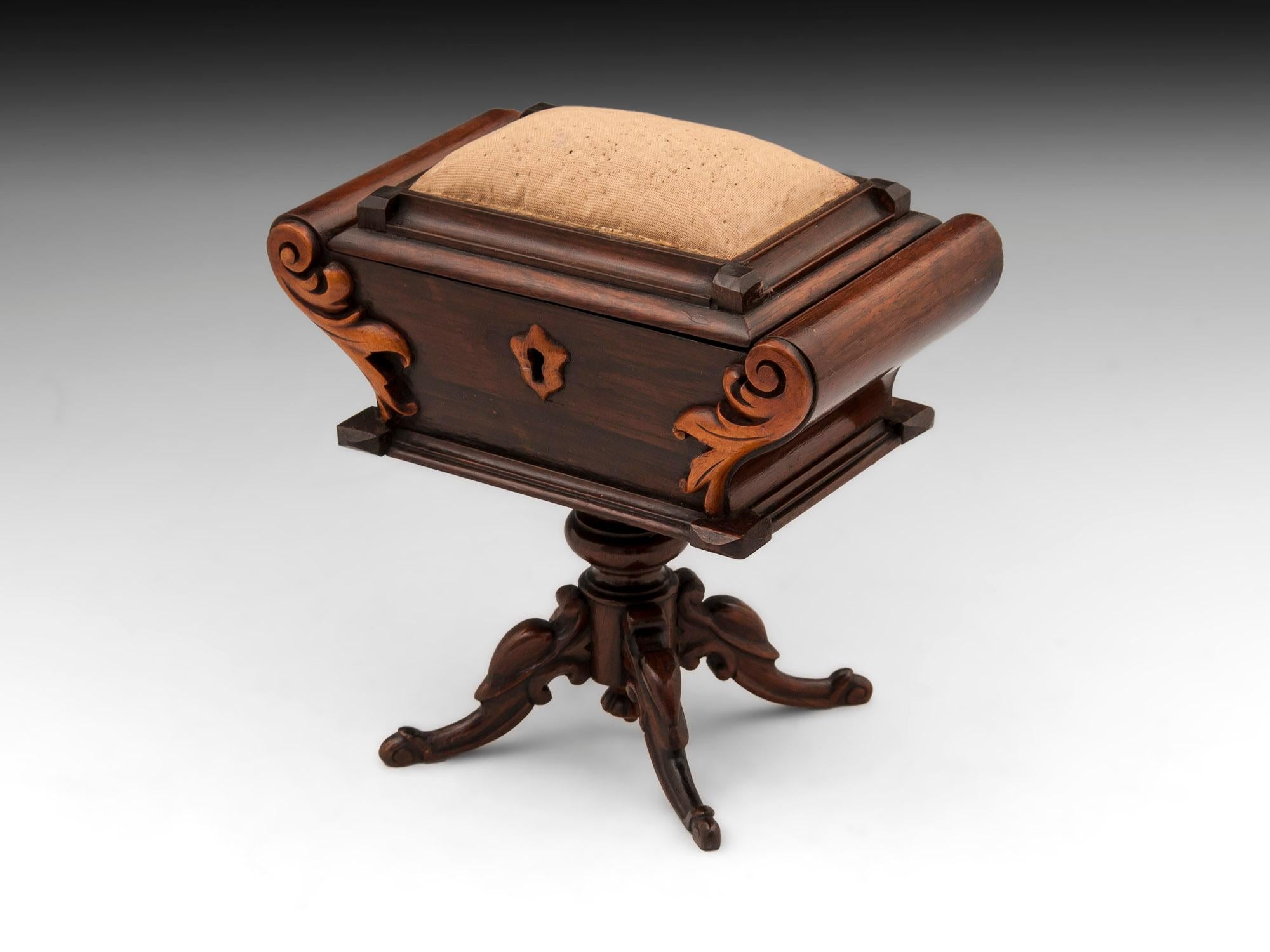 British Antique Miniature Carved Mahogany Sewing Table Box