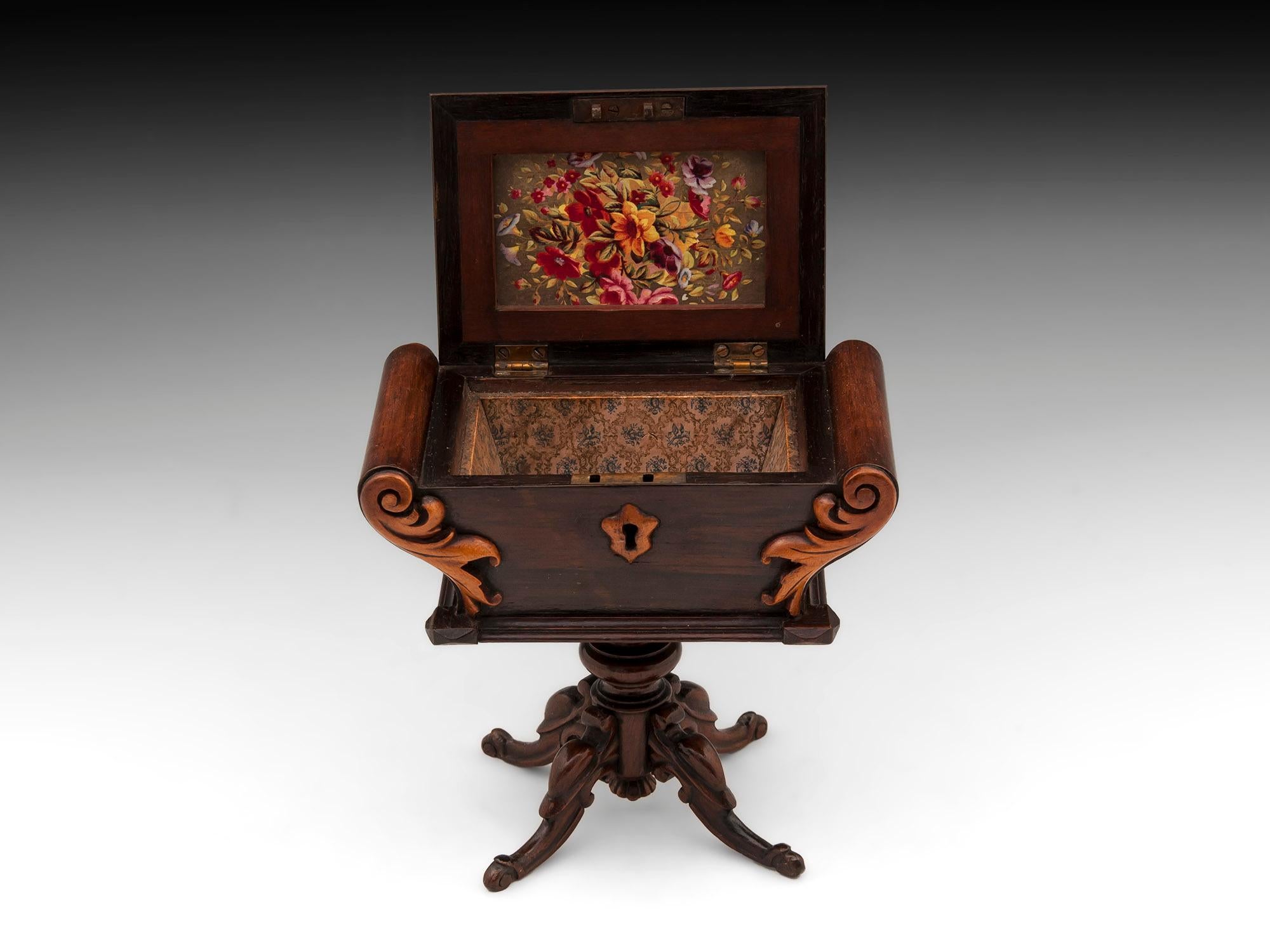 19th Century Antique Miniature Carved Mahogany Sewing Table Box