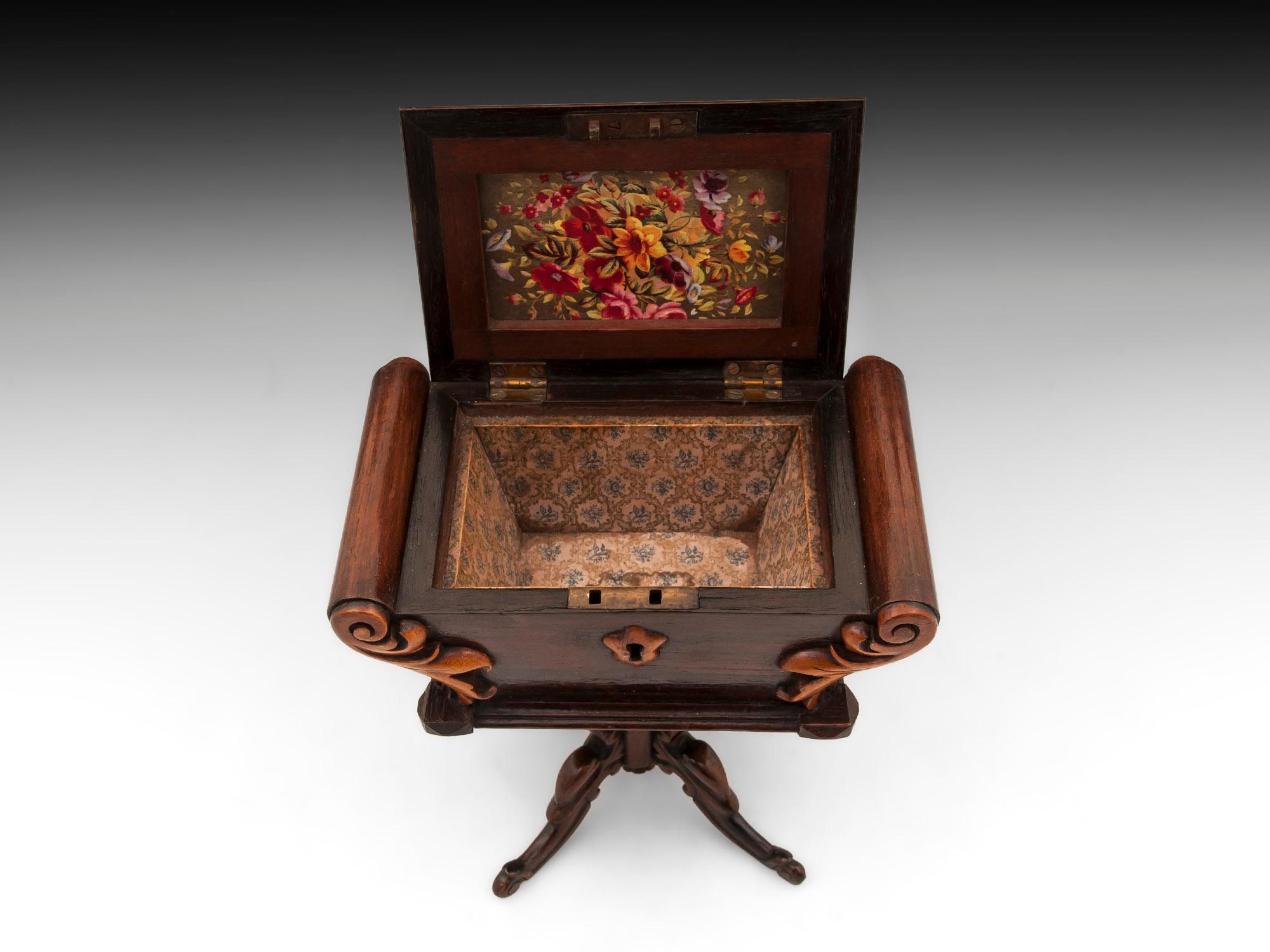 Antique Miniature Carved Mahogany Sewing Table Box 1