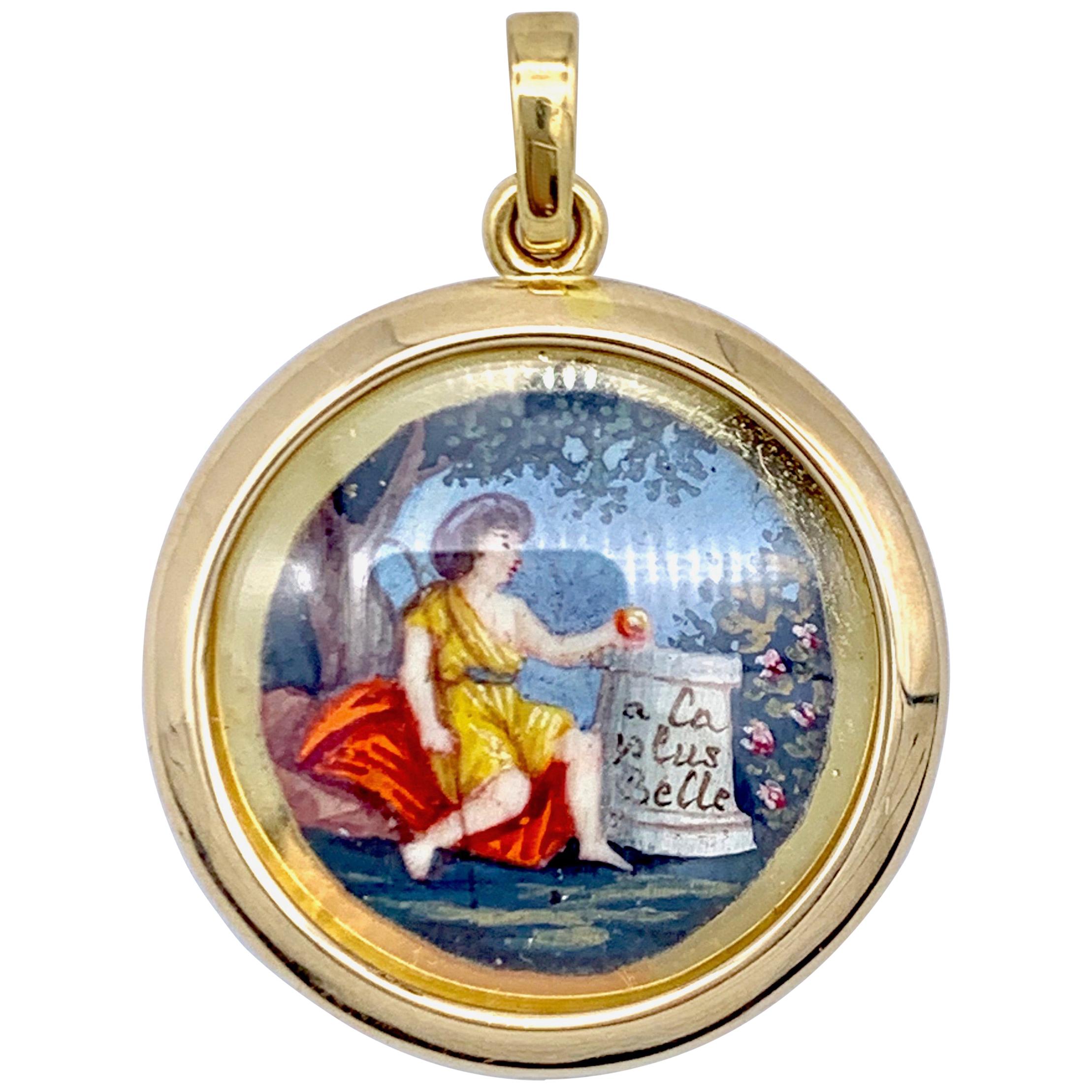 Antike antike Miniaturwahl von Paris Aquarell-Anhänger Silber vergoldet Gold im Angebot