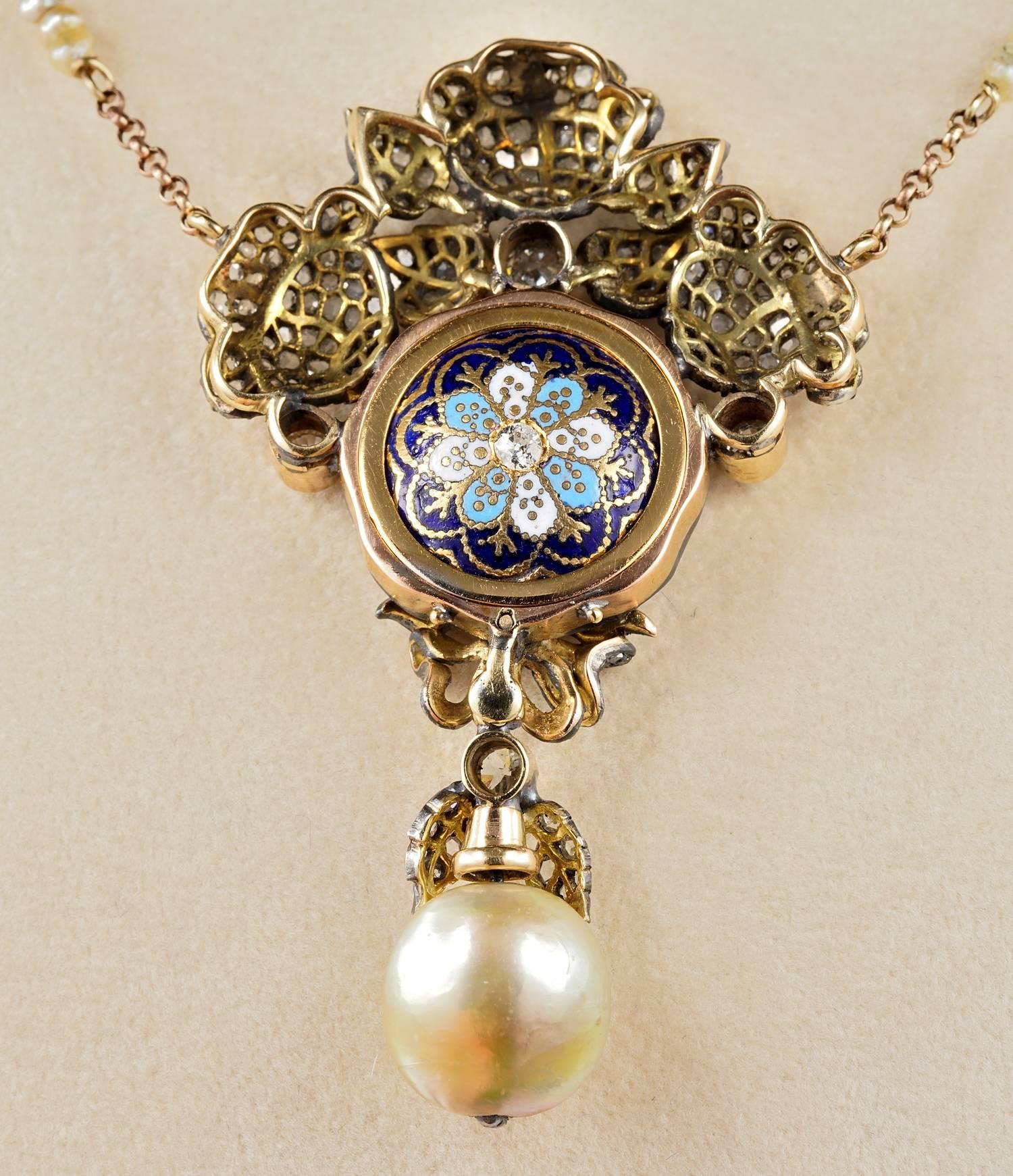 Victorian Antique Miniature Diamond Rare Huge Natural Basra Pearl Necklace For Sale