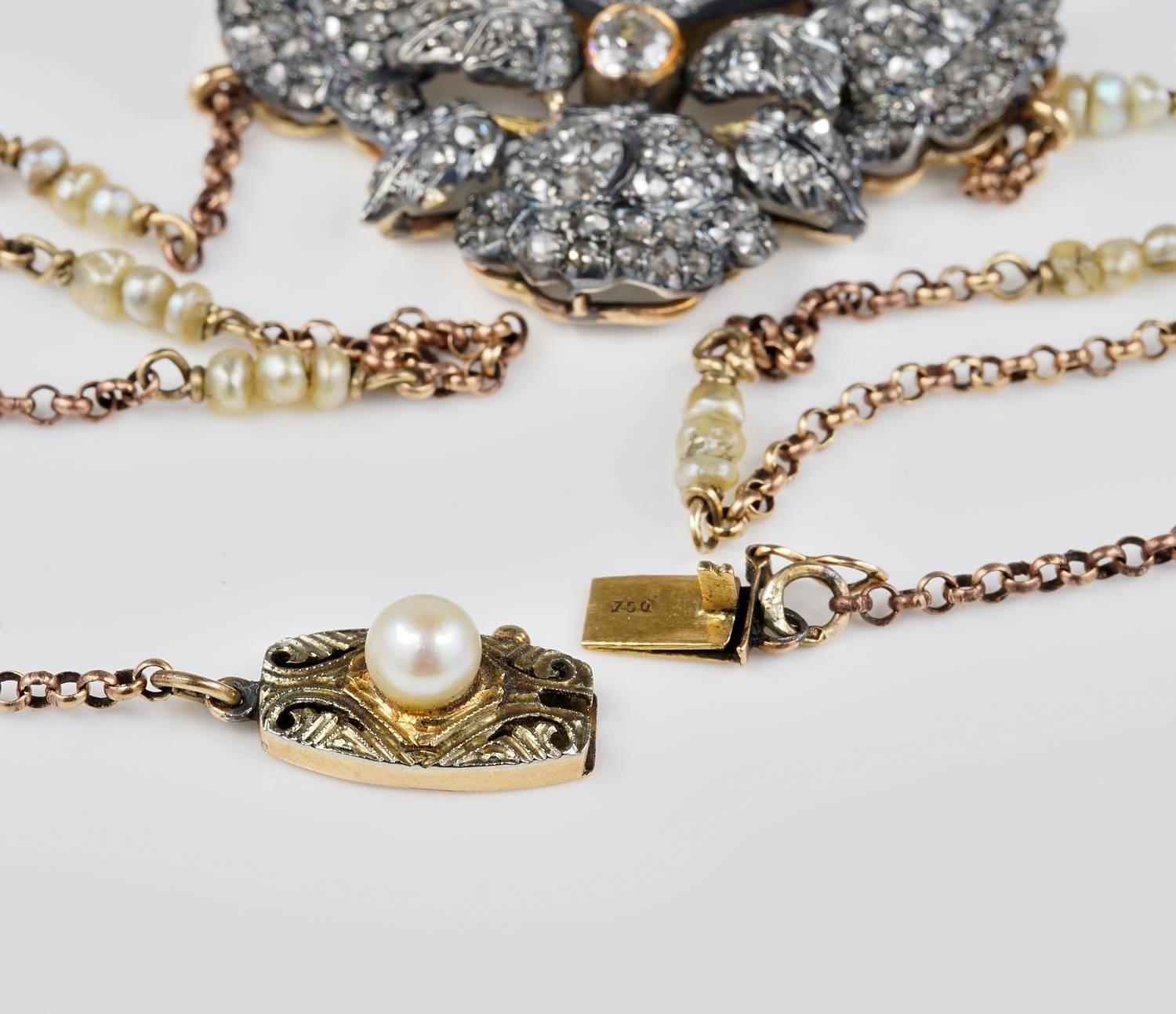Antique Cushion Cut Antique Miniature Diamond Rare Huge Natural Basra Pearl Necklace For Sale