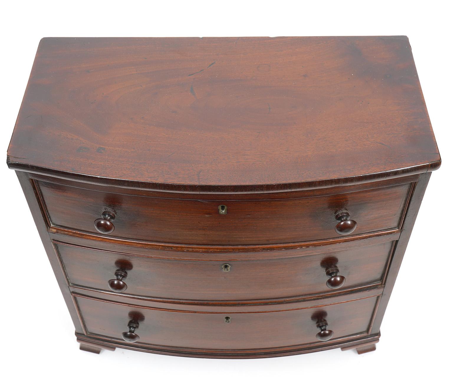 Antique Miniature Commode. English, Mahogany, Bow Front, circa 1820's in a Hepplewhite Style. 14.5