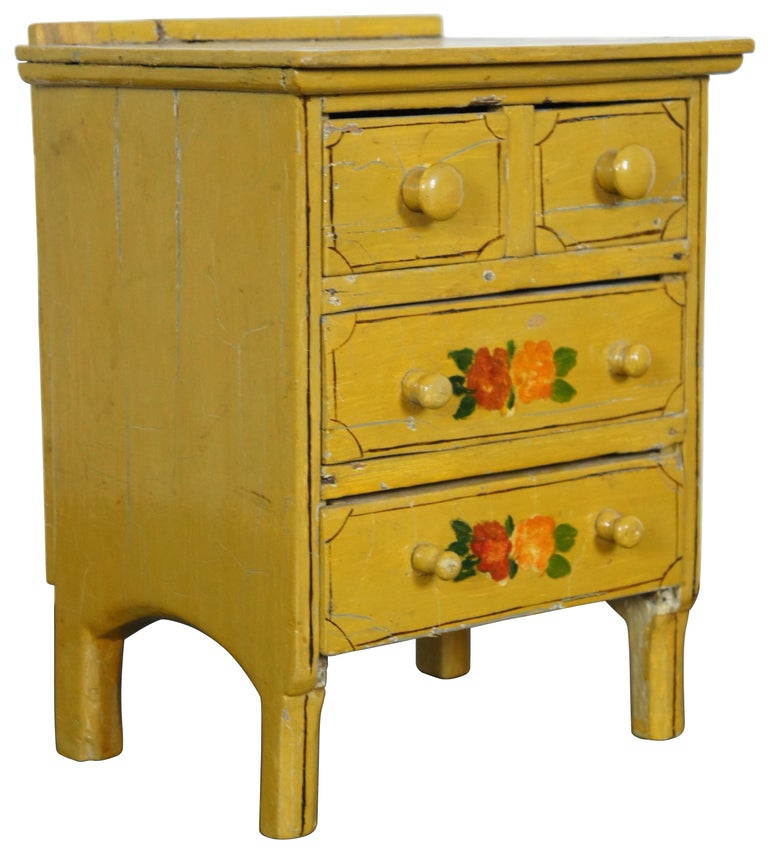 Antique Miniature Folk Art Yellow Painted Dresser Chest of Drawers 11 ...