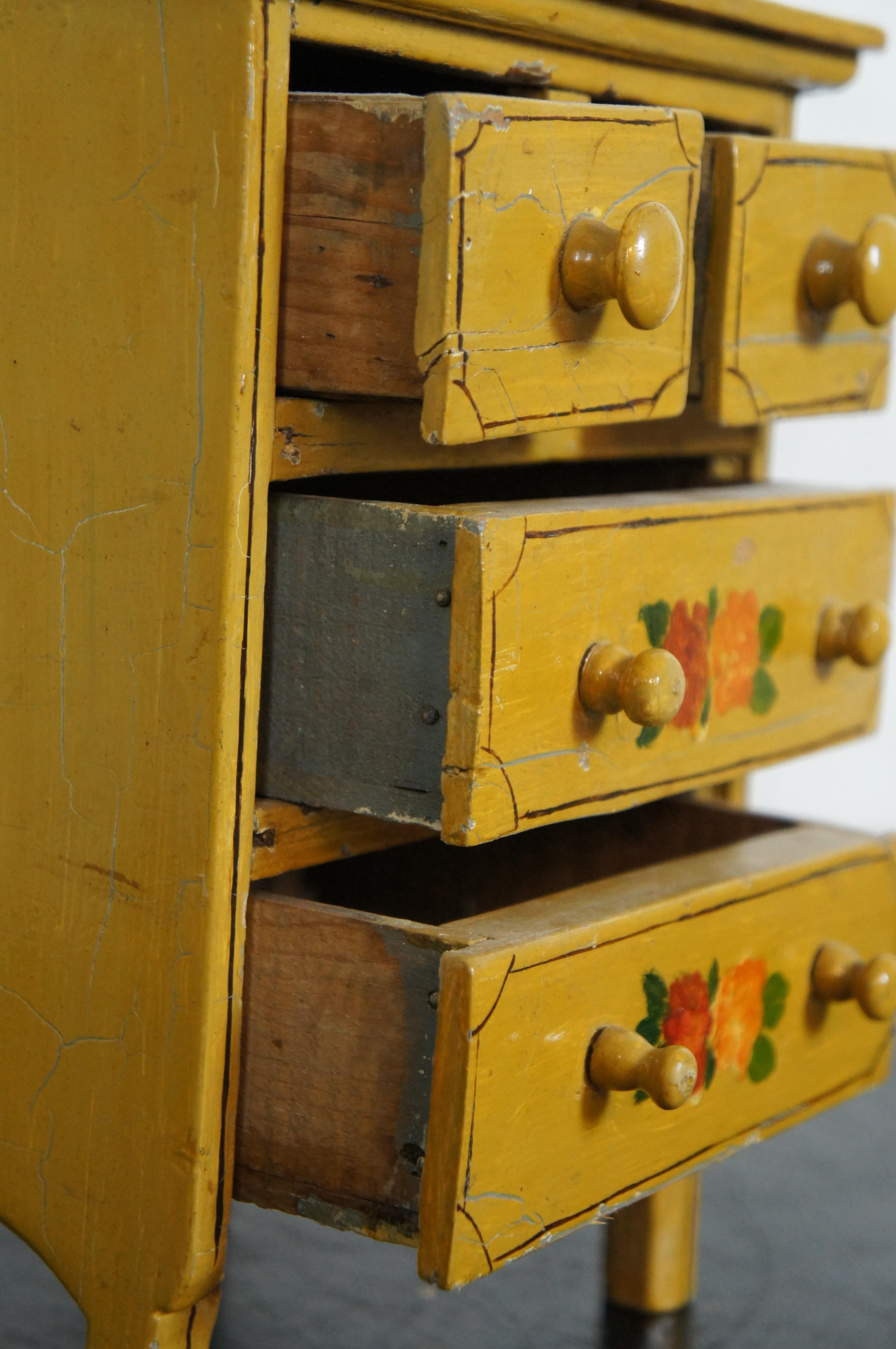 Antique Miniature Folk Art Yellow Painted Dresser Chest of Drawers 11