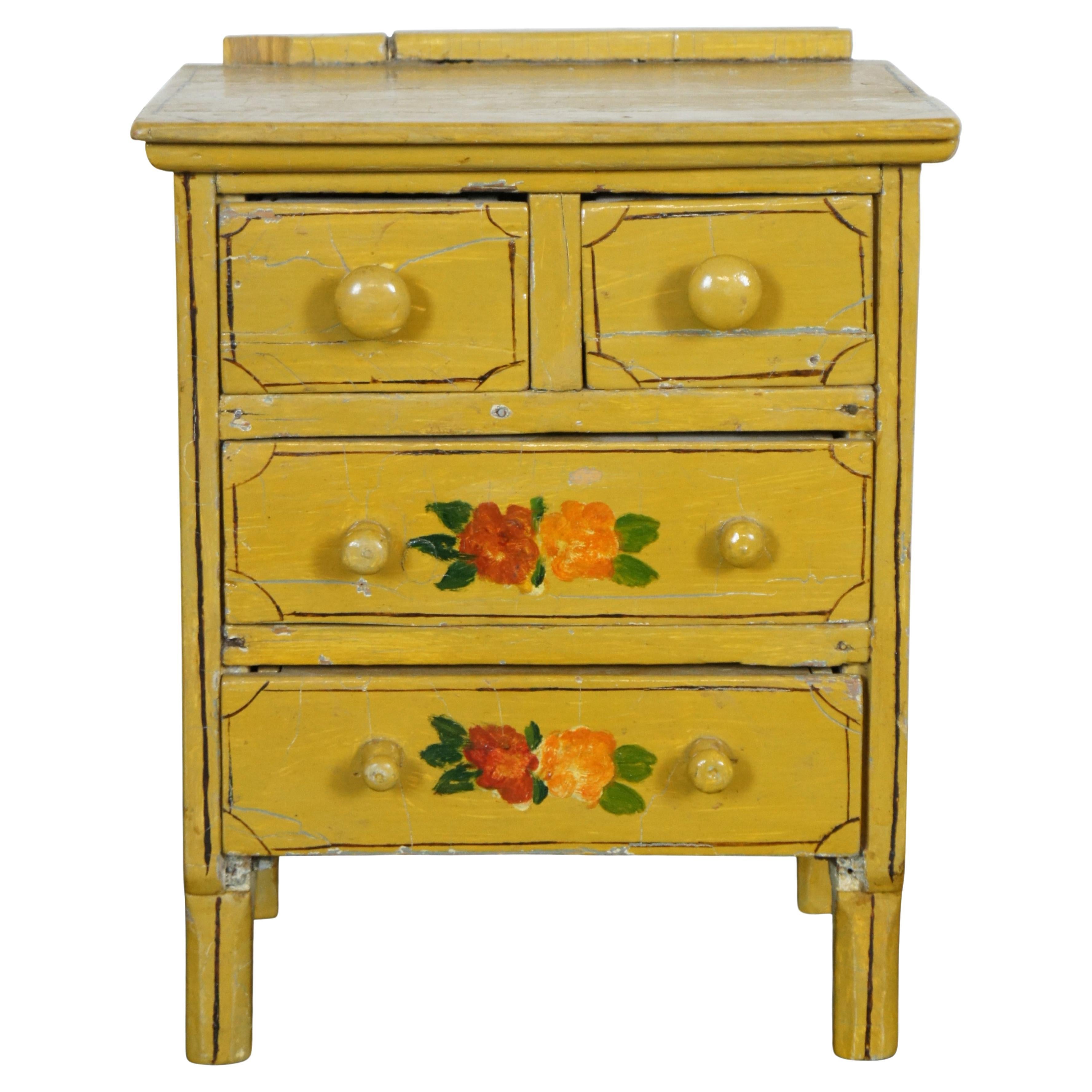 Antique Miniature Folk Art Yellow Painted Dresser Chest of Drawers 11" For Sale