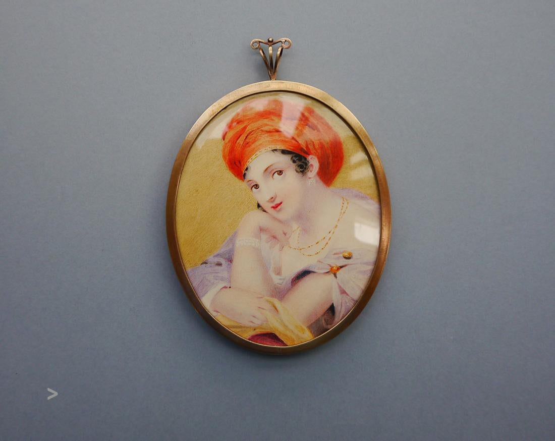 
Antique hand-painted miniature painting of a Woman wearing Red Turban.

The portrait is hand-painted in Gouache on paper.
Original Brass frame and convex glass cover.

Origin,date : ca. late 19th - early 20th century Europe
Signature : no signature