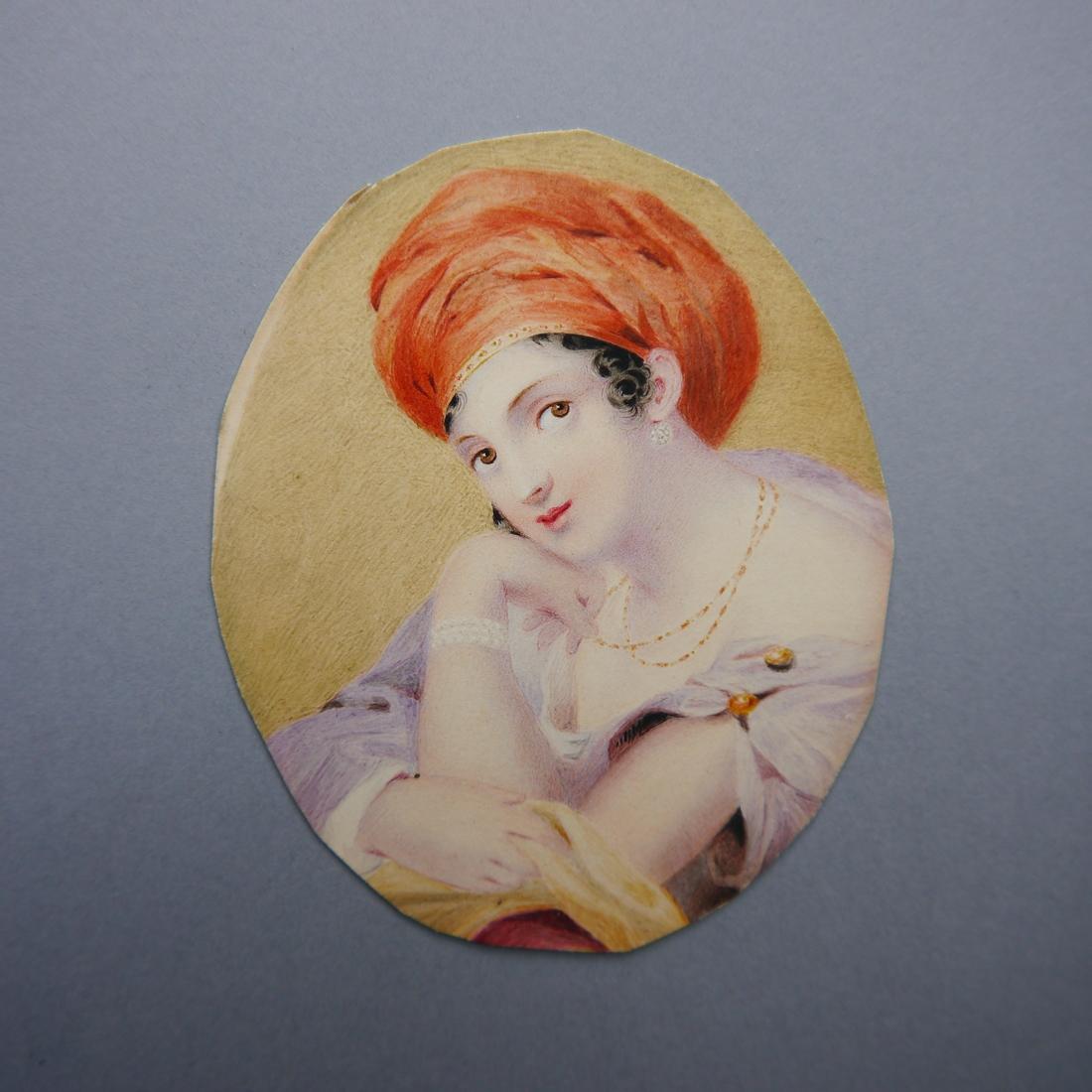 Arts and Crafts Antique Miniature Framed Painting Woman with Red Turban For Sale