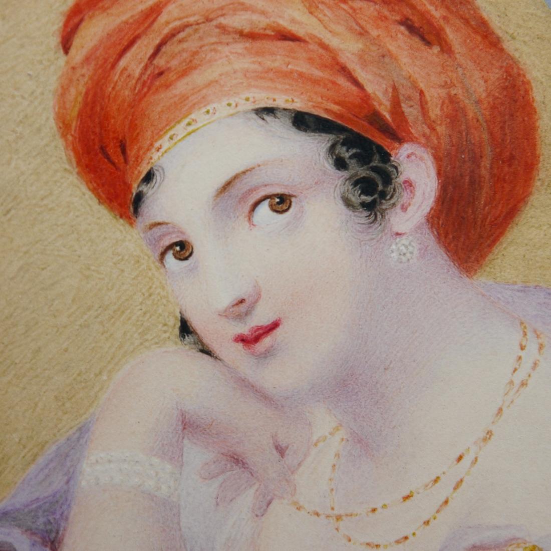 European Antique Miniature Framed Painting Woman with Red Turban For Sale