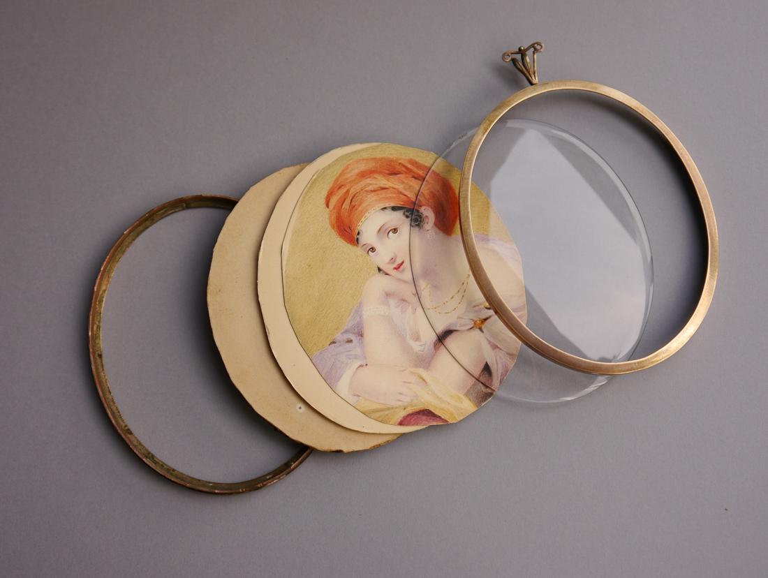 19th Century Antique Miniature Framed Painting Woman with Red Turban For Sale
