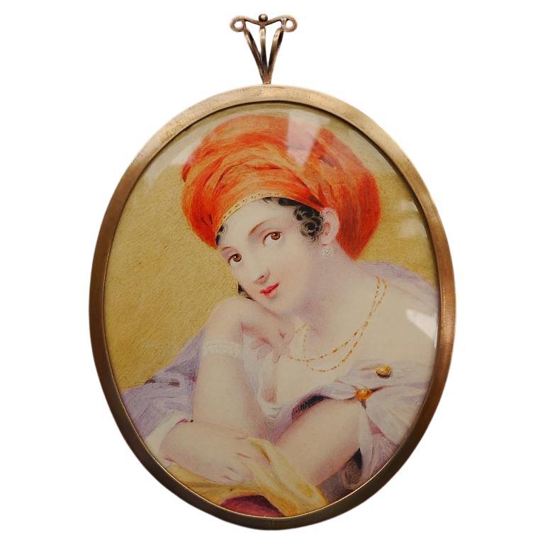Antique Miniature Framed Painting Woman with Red Turban For Sale