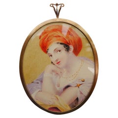 Antique Miniature Framed Painting Woman with Red Turban
