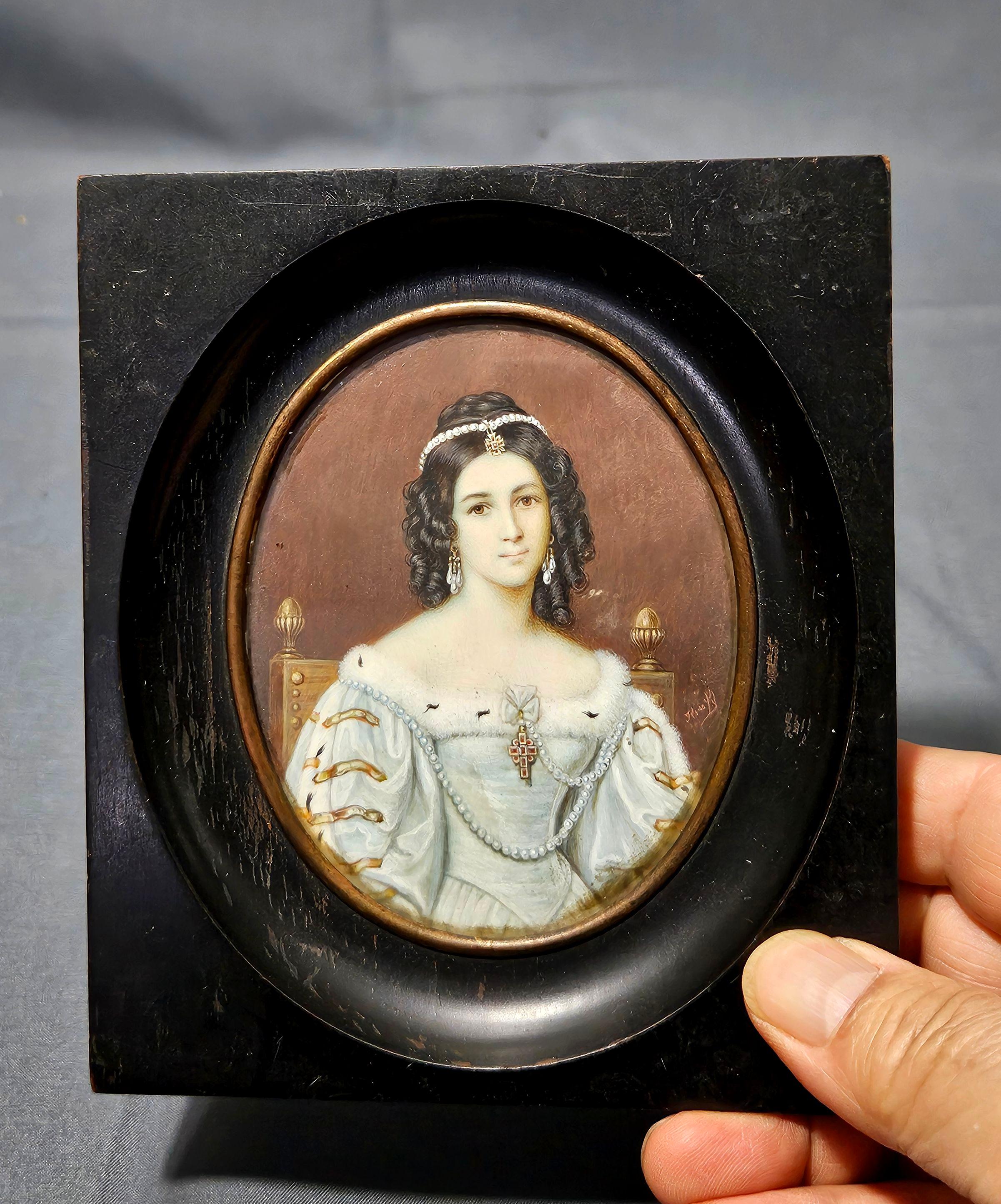 Antike französische Miniatur-Porträtmalerei, signiert 19. im Angebot 3