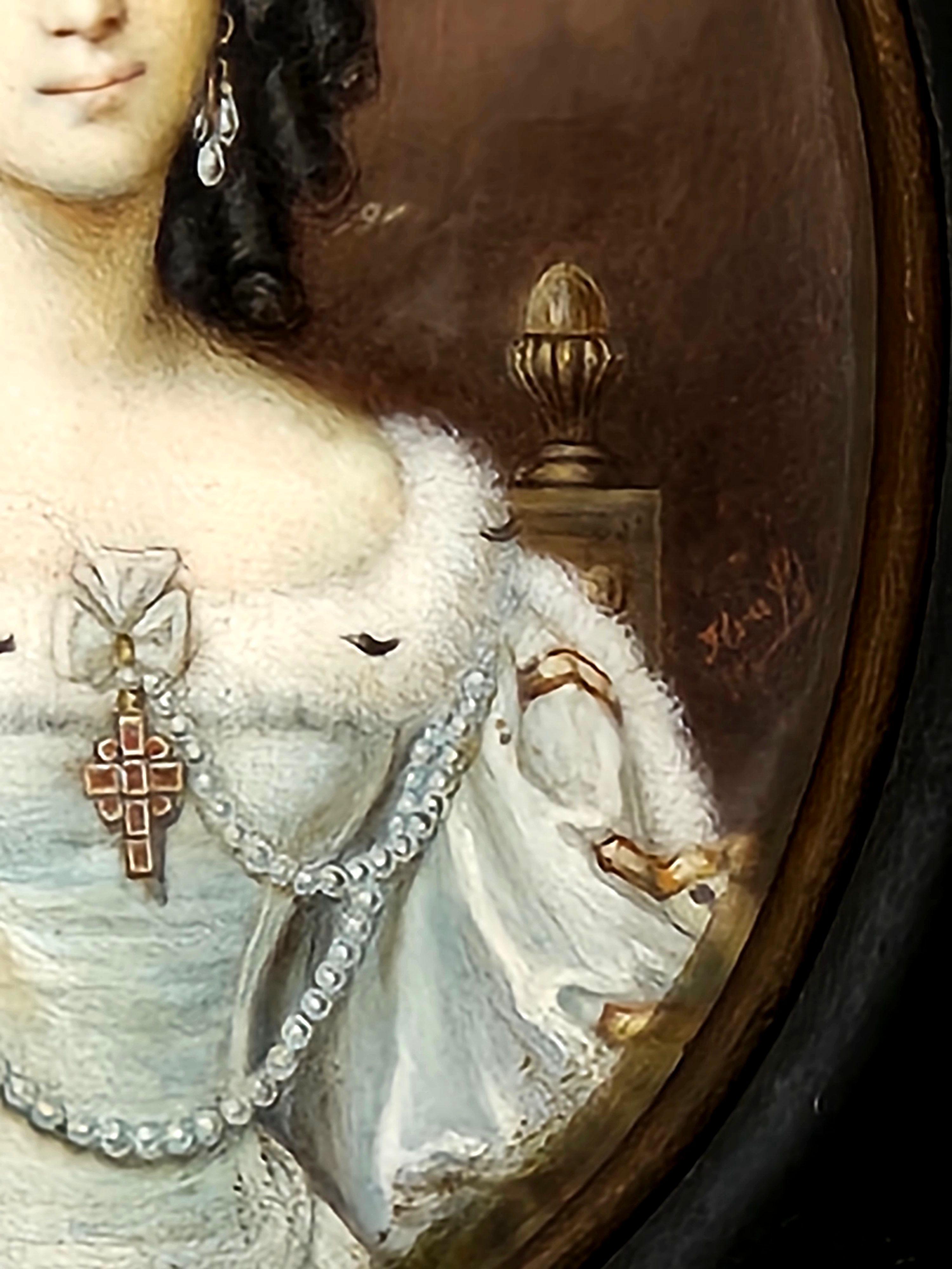 Antike französische Miniatur-Porträtmalerei, signiert 19. (Handbemalt) im Angebot