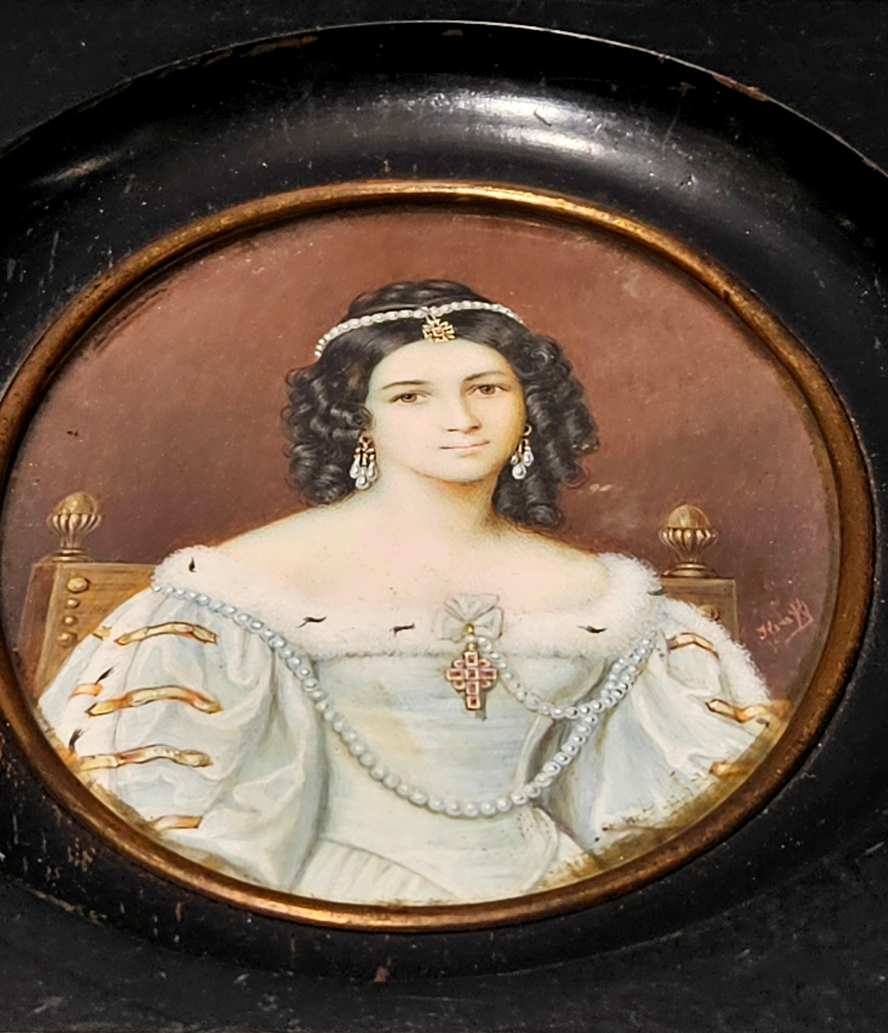 Antike französische Miniatur-Porträtmalerei, signiert 19. im Angebot 1