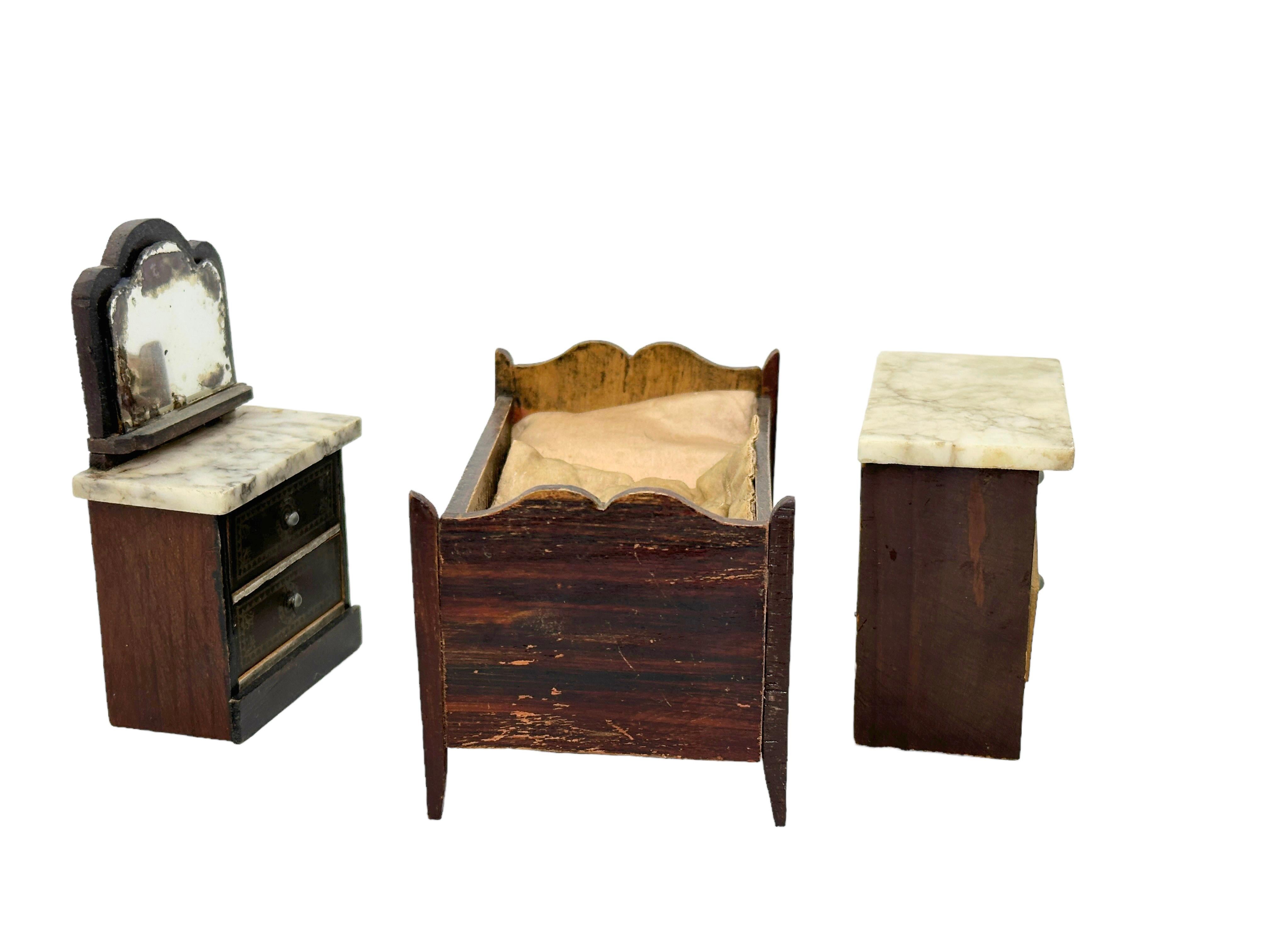 Late 19th Century Antique Miniature German Boule Biedermeier Dollhouse Bed Room Furniture 1860-90s For Sale
