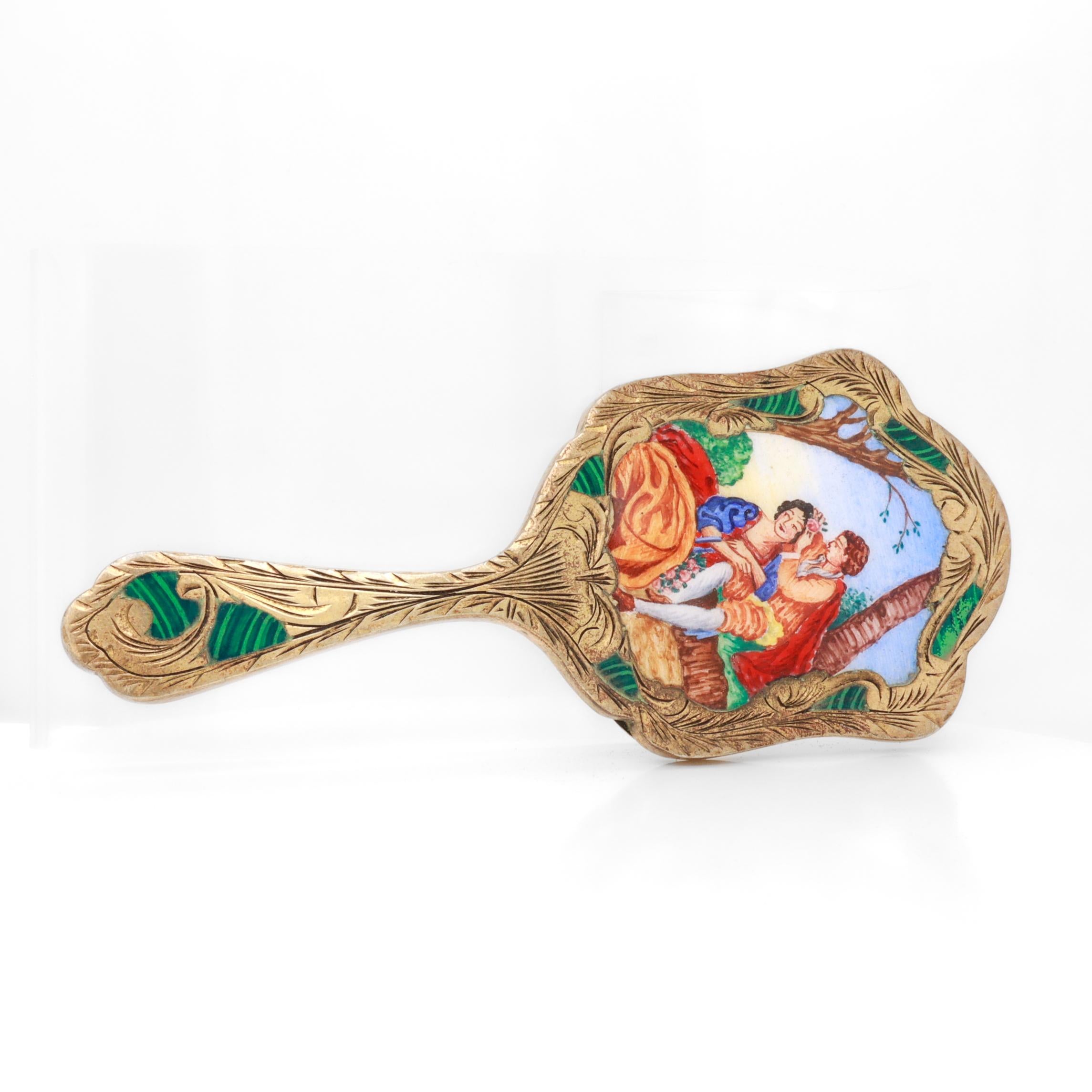 Antique Miniature Gilt .800 Silver & Enamel Hand Mirror For Sale 6