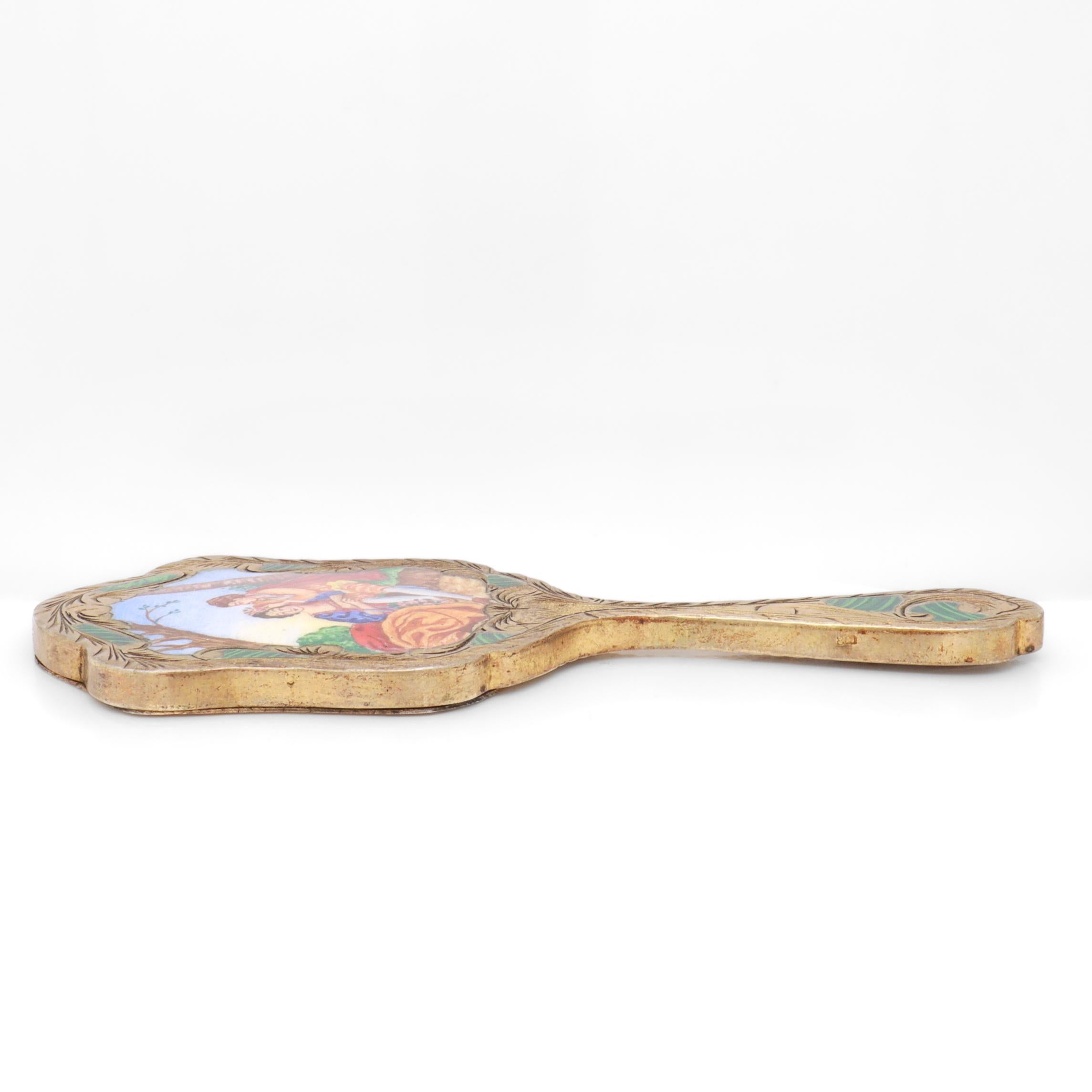 Antique Miniature Gilt .800 Silver & Enamel Hand Mirror For Sale 7