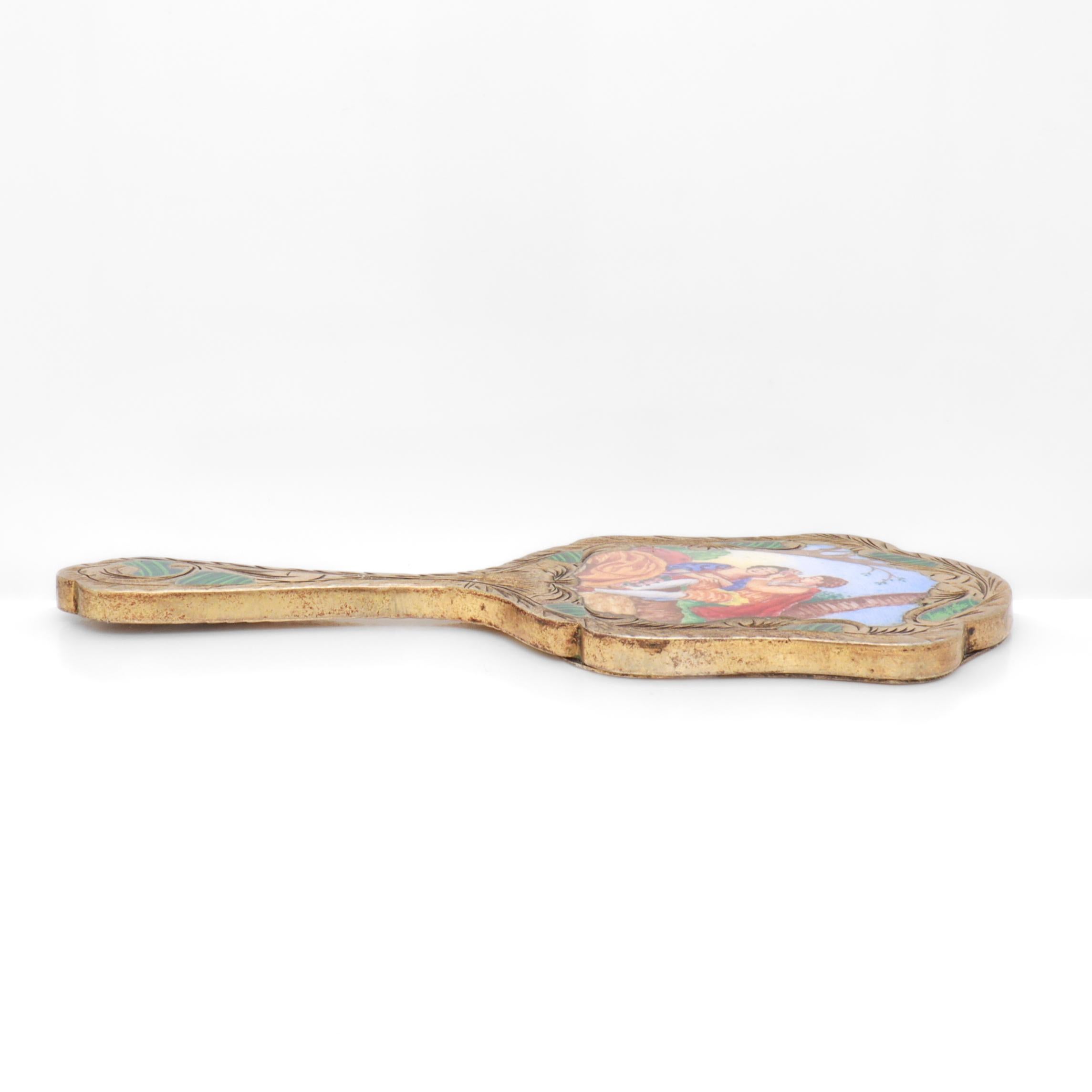 Antique Miniature Gilt .800 Silver & Enamel Hand Mirror For Sale 9