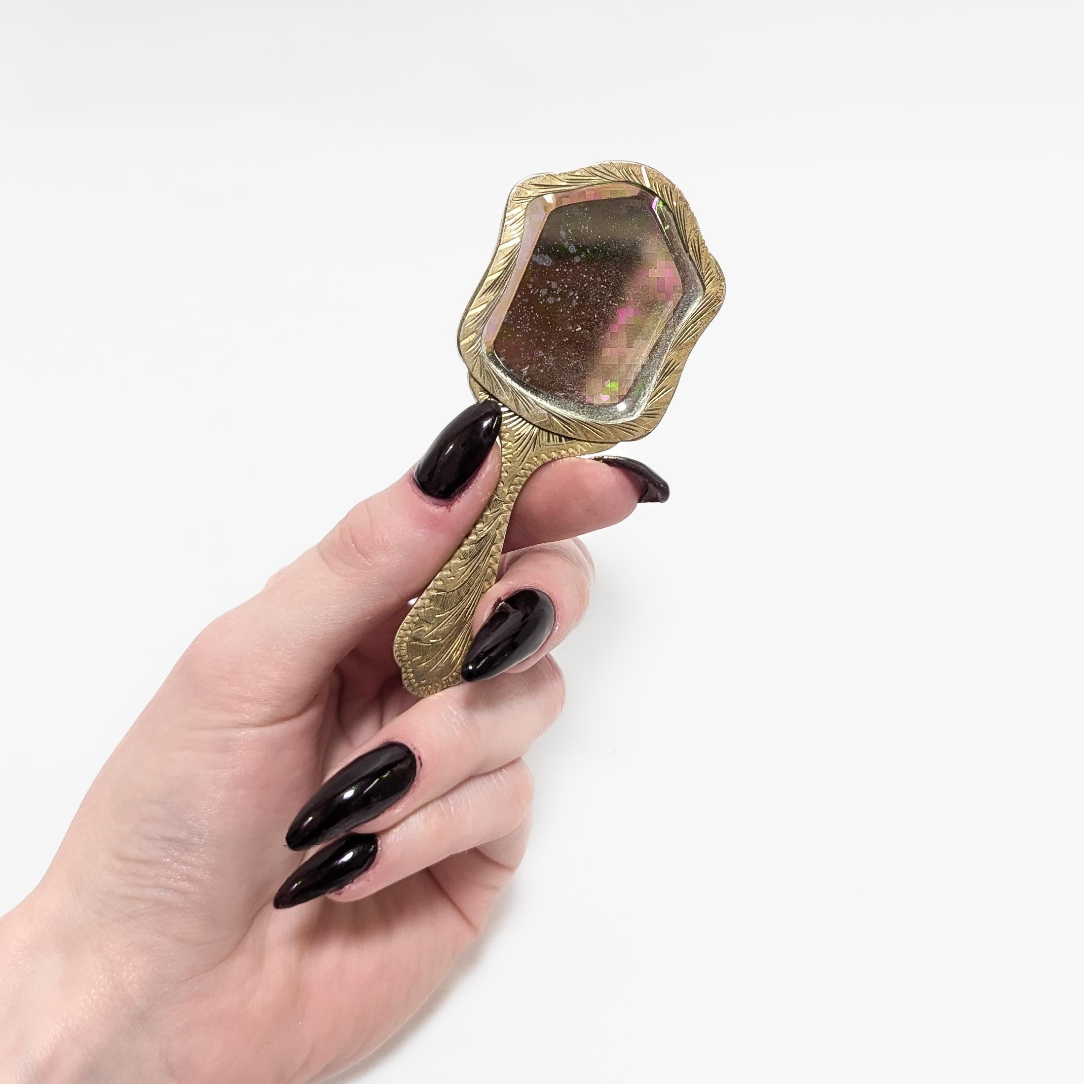 Cabochon Antique Miniature Gilt .800 Silver & Enamel Hand Mirror For Sale
