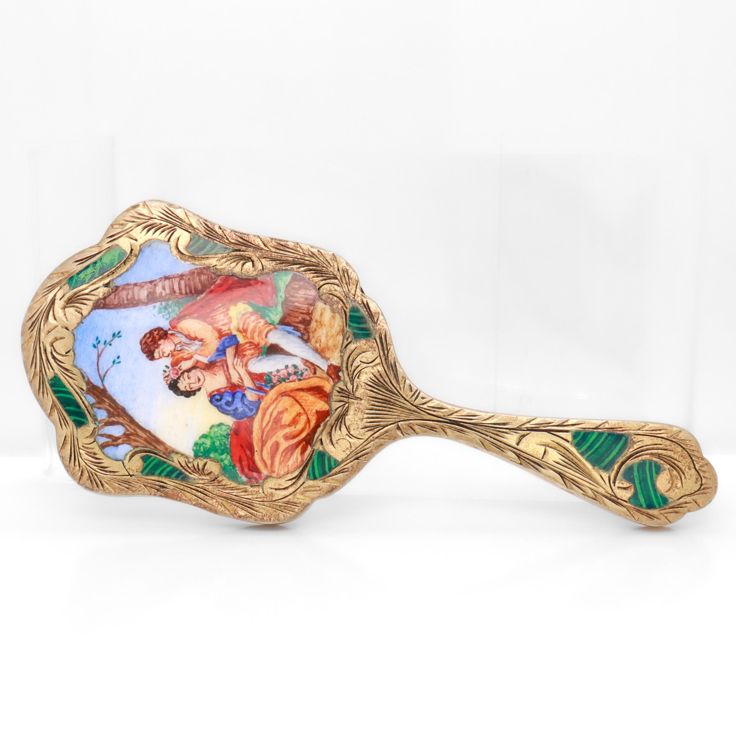 Women's Antique Miniature Gilt .800 Silver & Enamel Hand Mirror For Sale