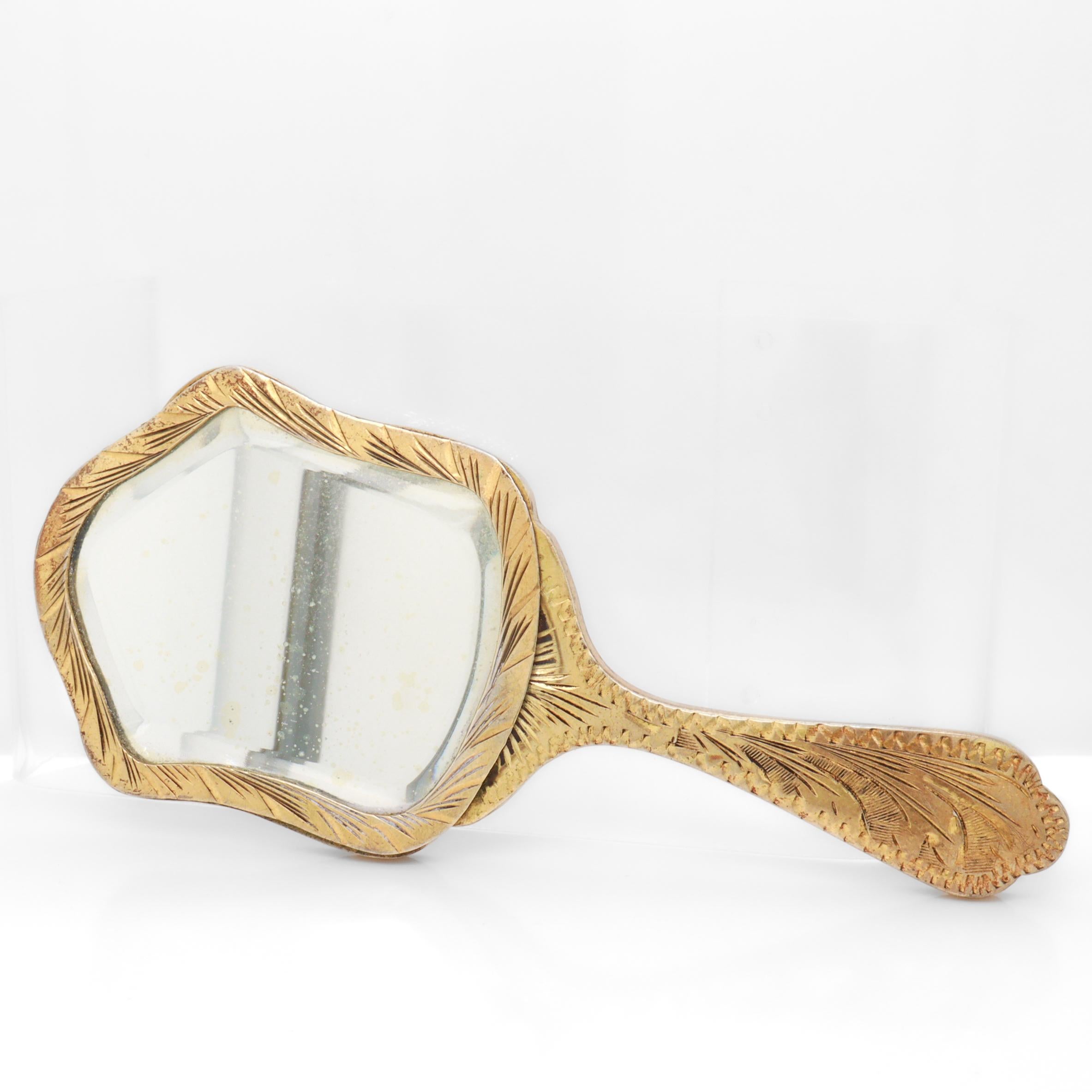 Antique Miniature Gilt .800 Silver & Enamel Hand Mirror For Sale 1