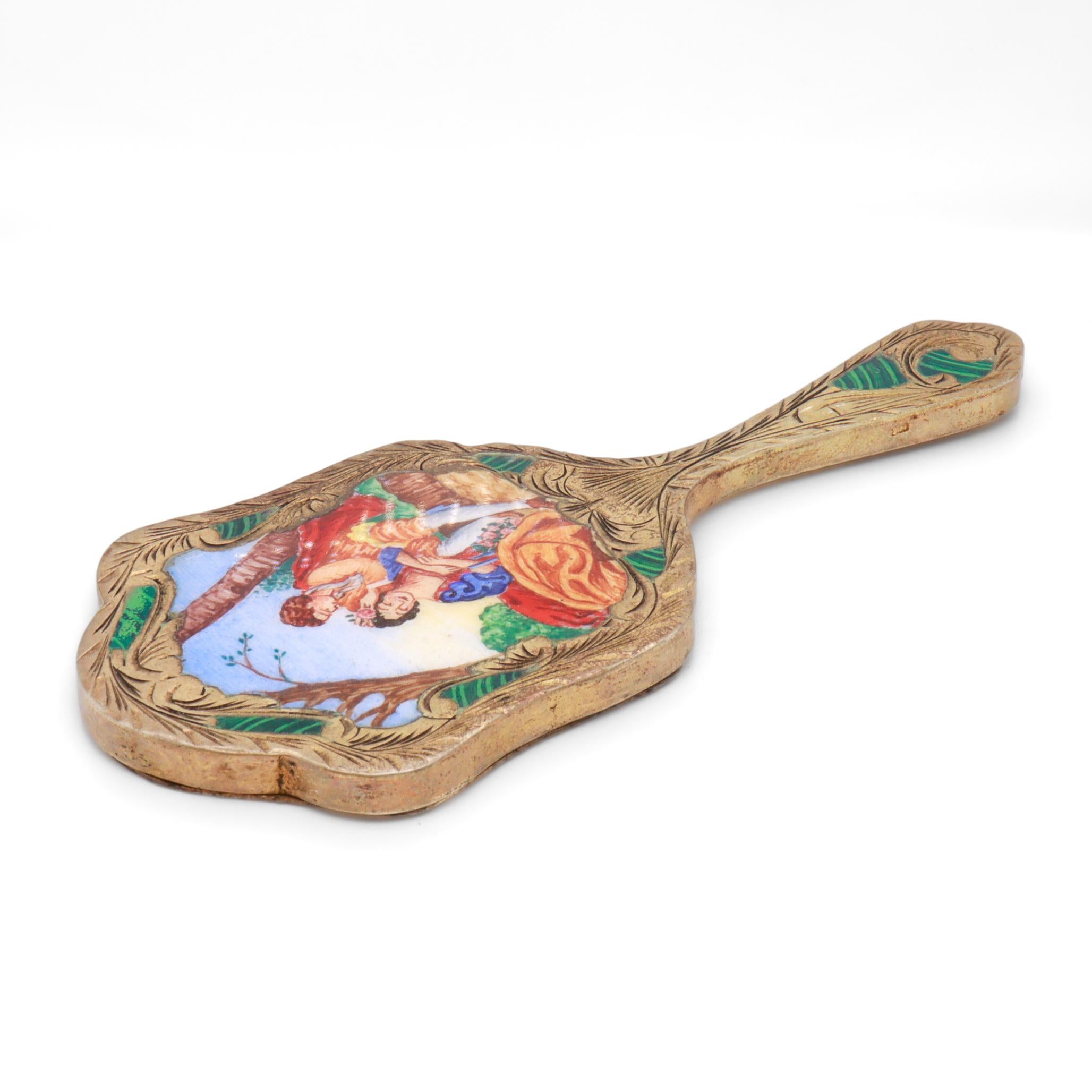 Antique Miniature Gilt .800 Silver & Enamel Hand Mirror For Sale 2