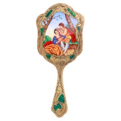 Antique Miniature Gilt .800 Silver & Enamel Hand Mirror