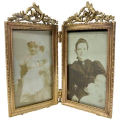 Antique Miniature Gold Bronze Double Picture Frame, circa 1890