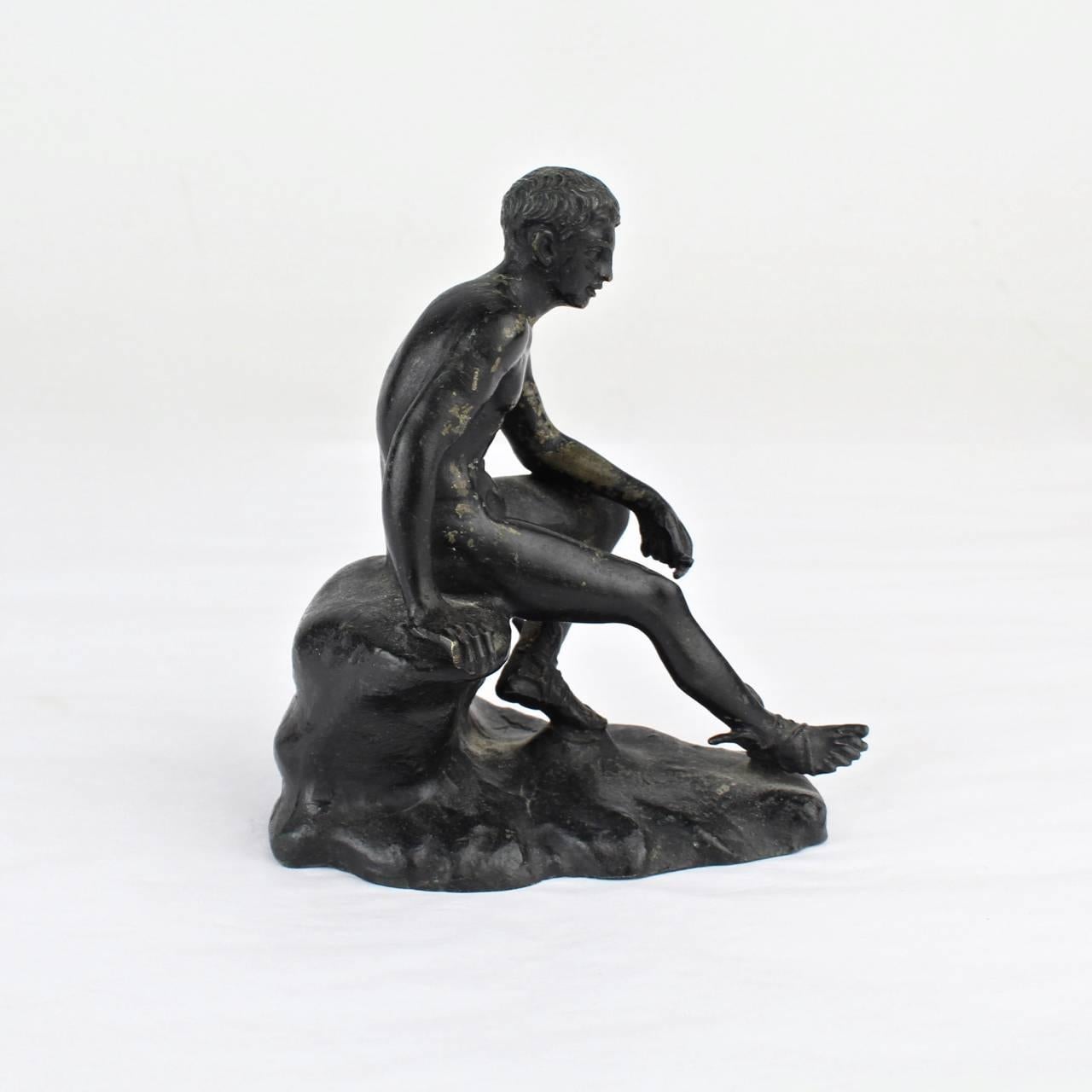 Italian Antique Miniature Grand Tour Bronze Sculpture of a Seated Hermes After Lysippos