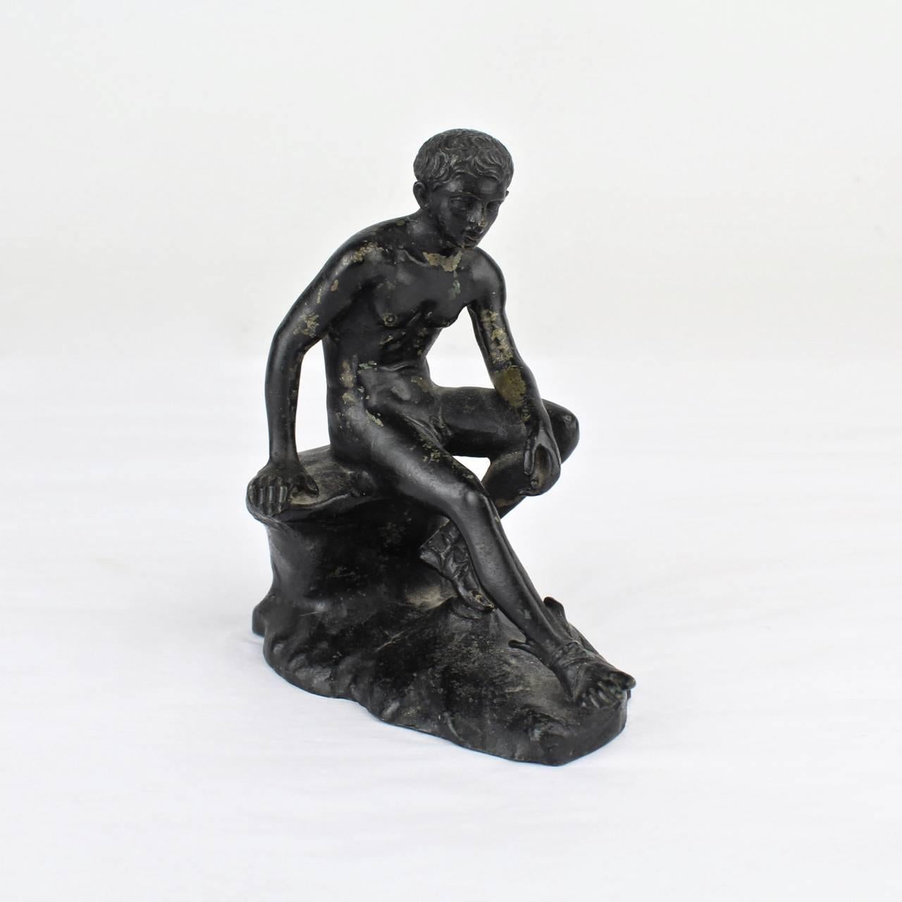 Antique Miniature Grand Tour Bronze Sculpture of a Seated Hermes After Lysippos In Good Condition In Philadelphia, PA