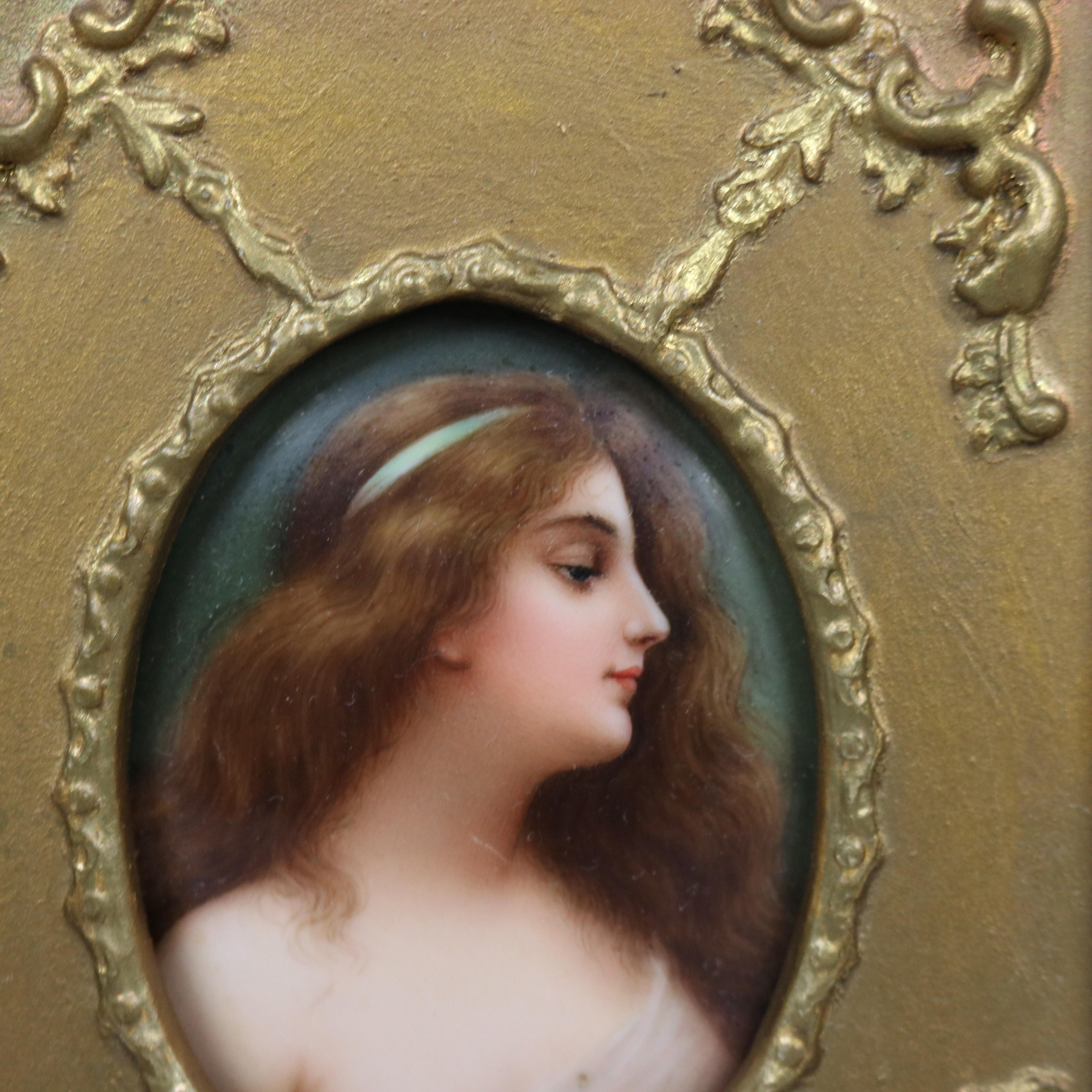 Antique Miniature Hand Painted Porcelain Portrait Plaque in Giltwood Frame c1890 In Good Condition In Big Flats, NY