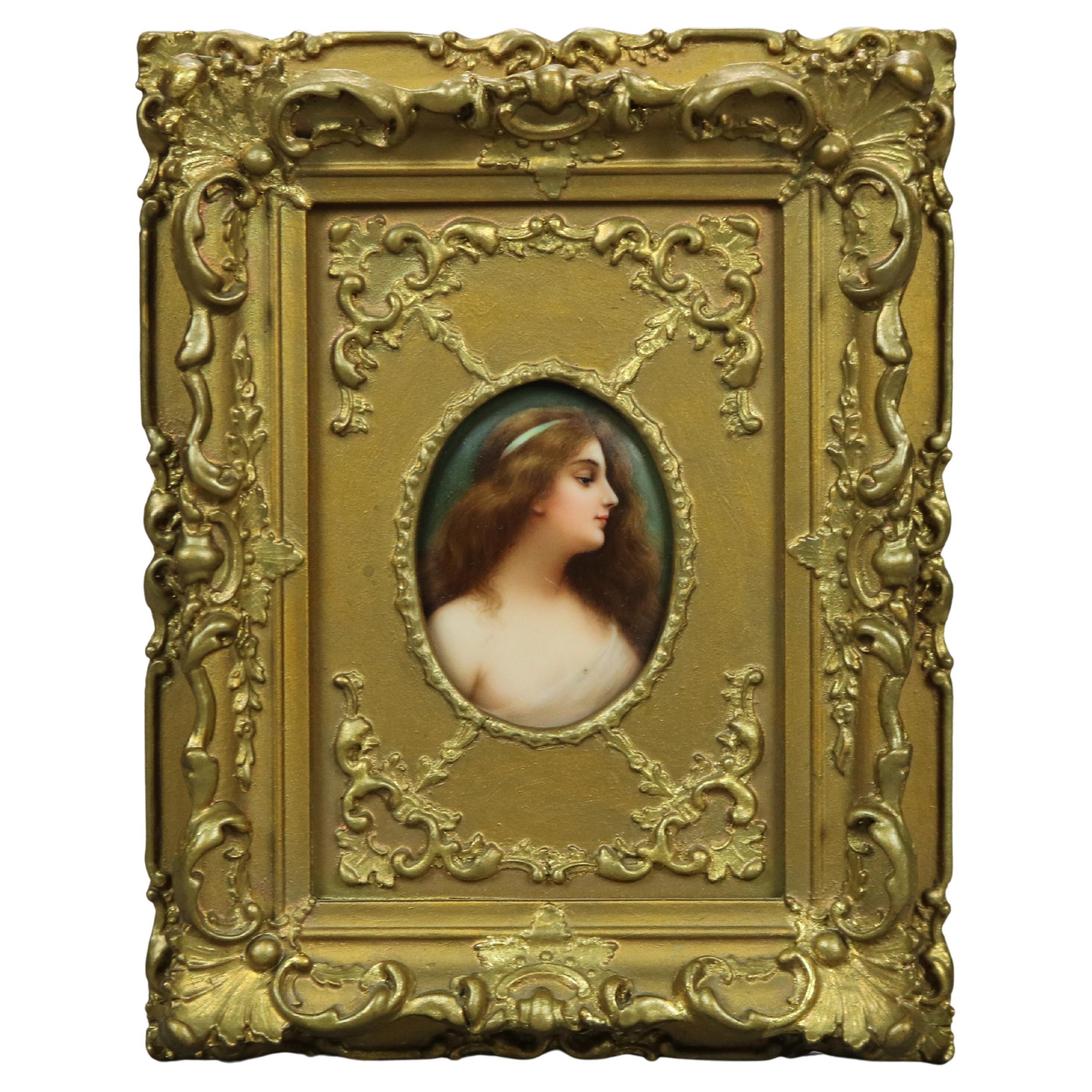 Antique Miniature Hand Painted Porcelain Portrait Plaque in Giltwood Frame c1890