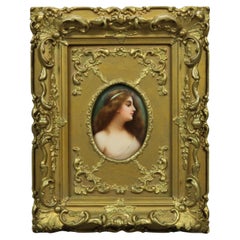 Antique Miniature Hand Painted Porcelain Portrait Plaque in Giltwood Frame c1890