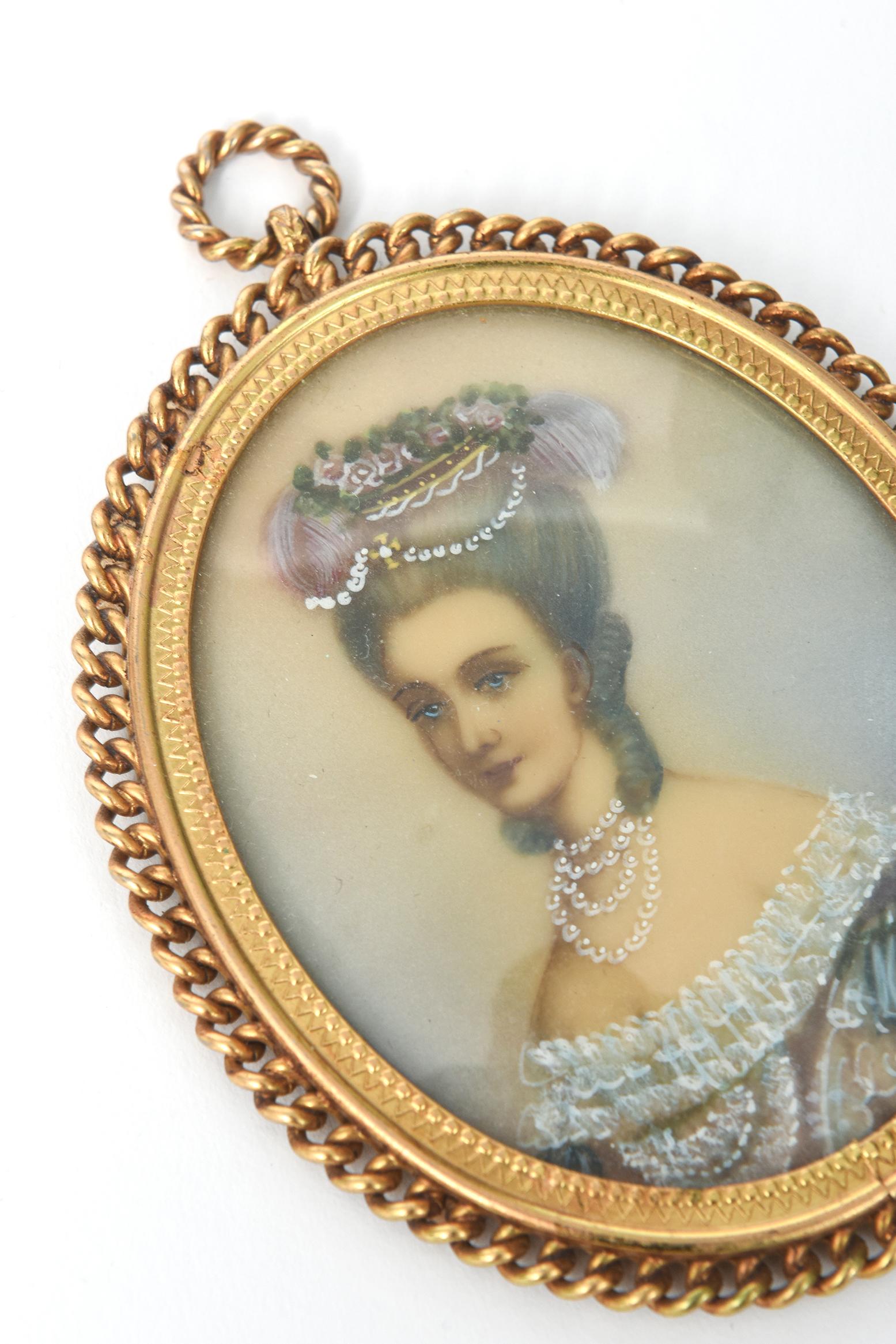 Victorian Antique Miniature Hand Painted Portrait Jeweled Nobel Woman Painting Gilt Frame For Sale