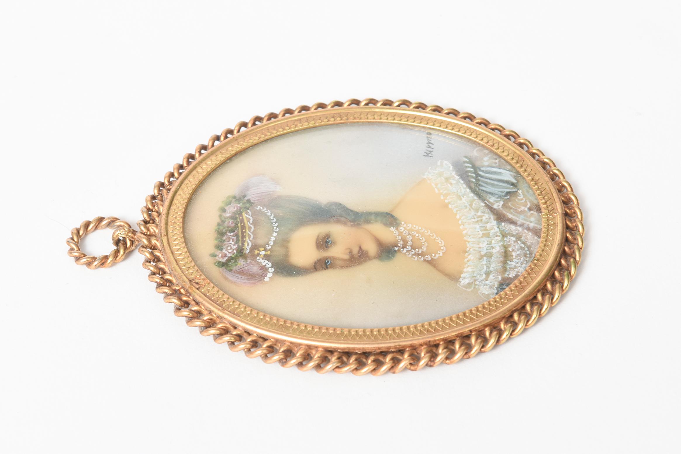 19th Century Antique Miniature Hand Painted Portrait Jeweled Nobel Woman Painting Gilt Frame For Sale
