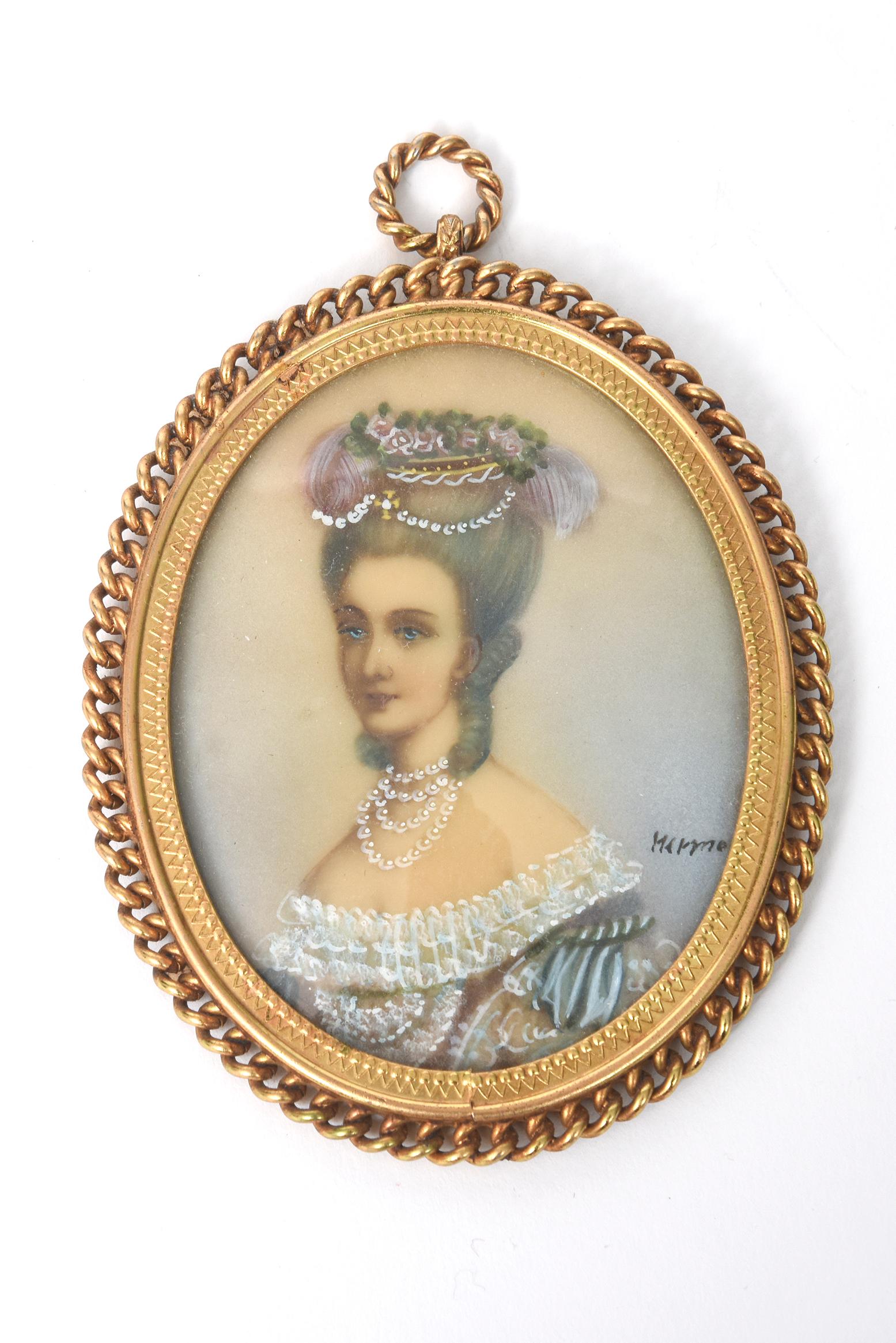 Antique Miniature Hand Painted Portrait Jeweled Nobel Woman Painting Gilt Frame For Sale 3