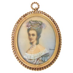 Antique Miniature Hand Painted Portrait Jeweled Nobel Woman Painting Gilt Frame