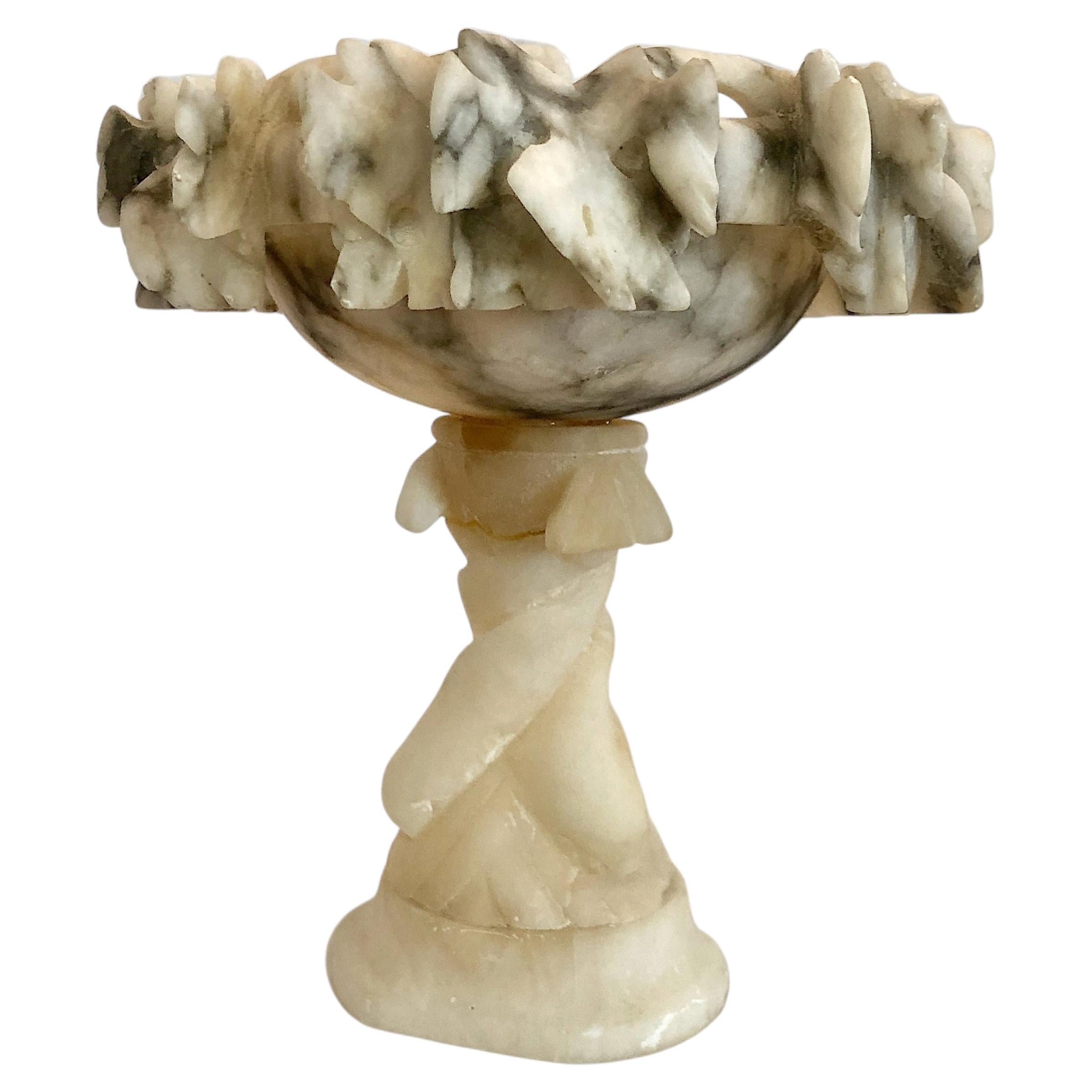 Antique Miniature Italian Alabaster Pedestal Bowl with Grapes and Dolphins