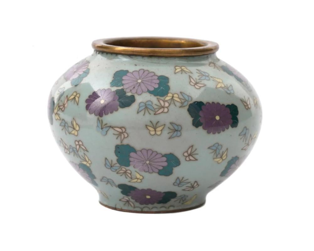 Meiji Antique Miniature Japanese Cloisonne Enamel Celadon Color Vase with Butterflies For Sale