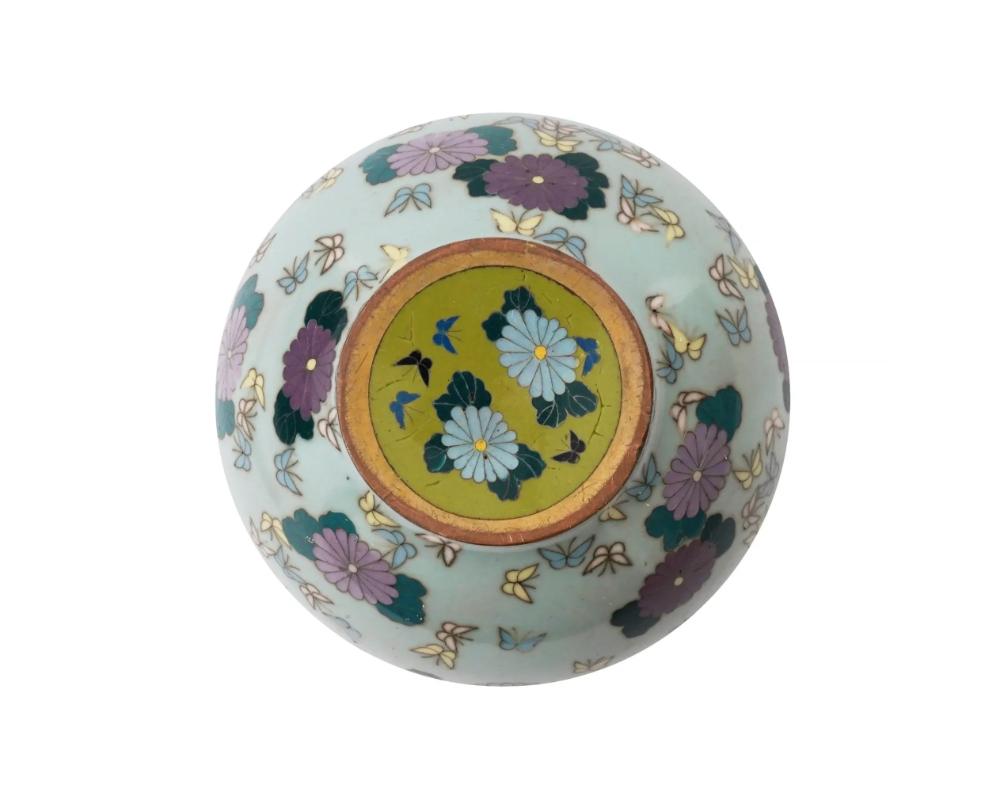 Antique Miniature Japanese Cloisonne Enamel Celadon Color Vase with Butterflies In Good Condition For Sale In New York, NY