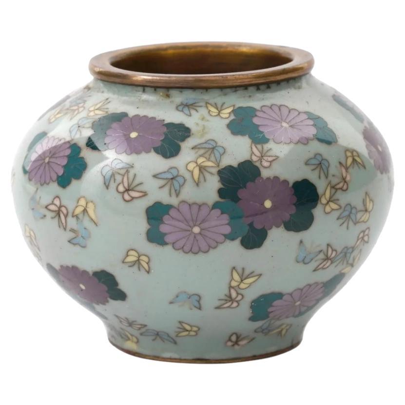 Antique Miniature Japanese Cloisonne Enamel Celadon Color Vase with Butterflies For Sale