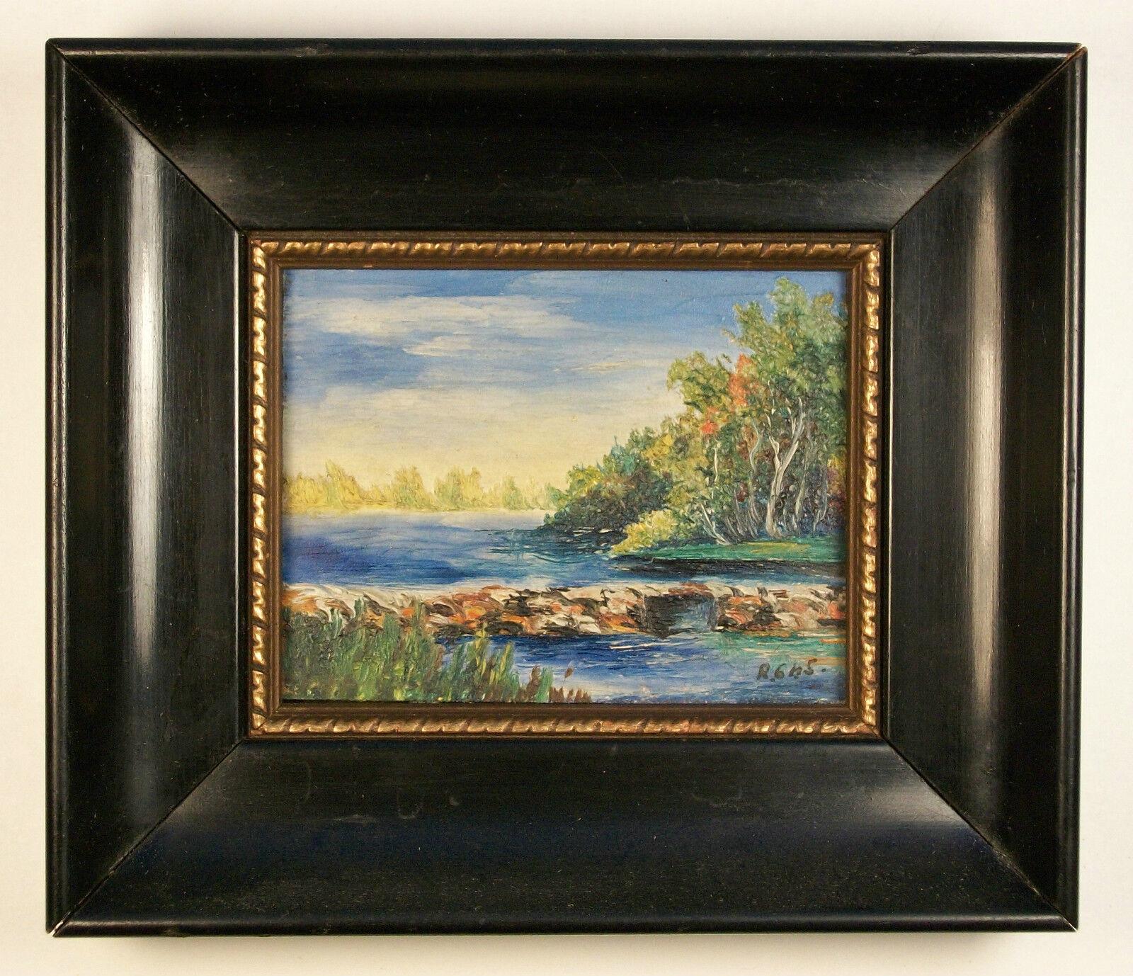 Peinture à l'huile de paysage miniature ancienne - Paraphe - Début du 20ème siècle Bon état - En vente à Chatham, ON