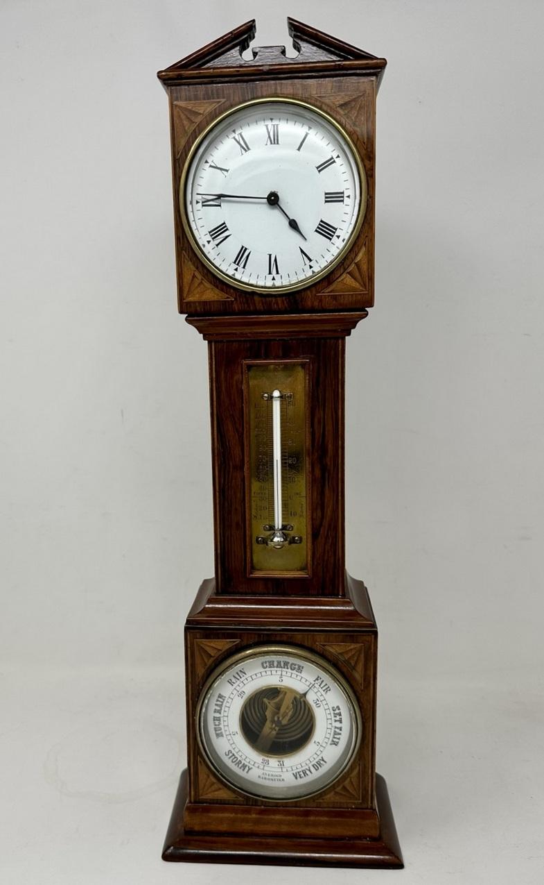 Victorian Antique Miniature Mahogany Boxwood Longcase Clock Thermometer Barometer 19th Ct