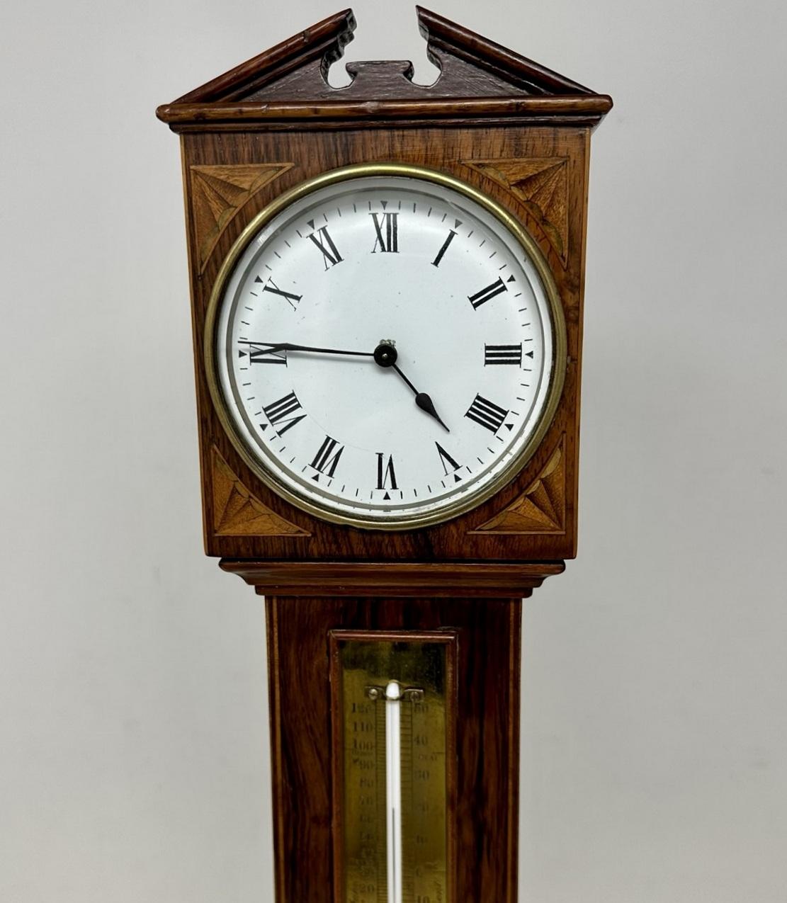 English Antique Miniature Mahogany Boxwood Longcase Clock Thermometer Barometer 19th Ct