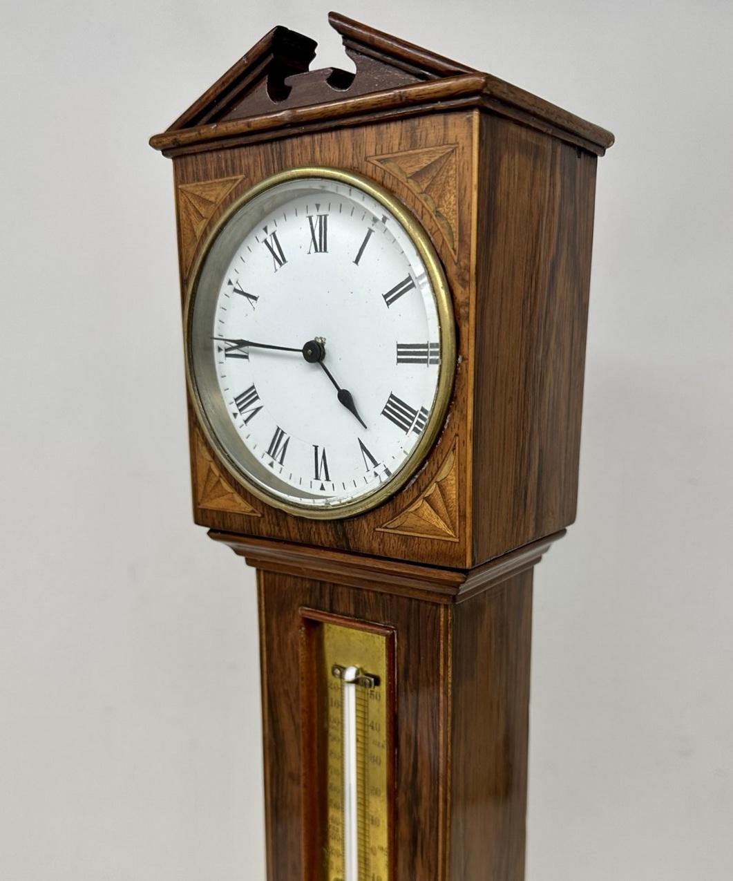 Polished Antique Miniature Mahogany Boxwood Longcase Clock Thermometer Barometer 19th Ct