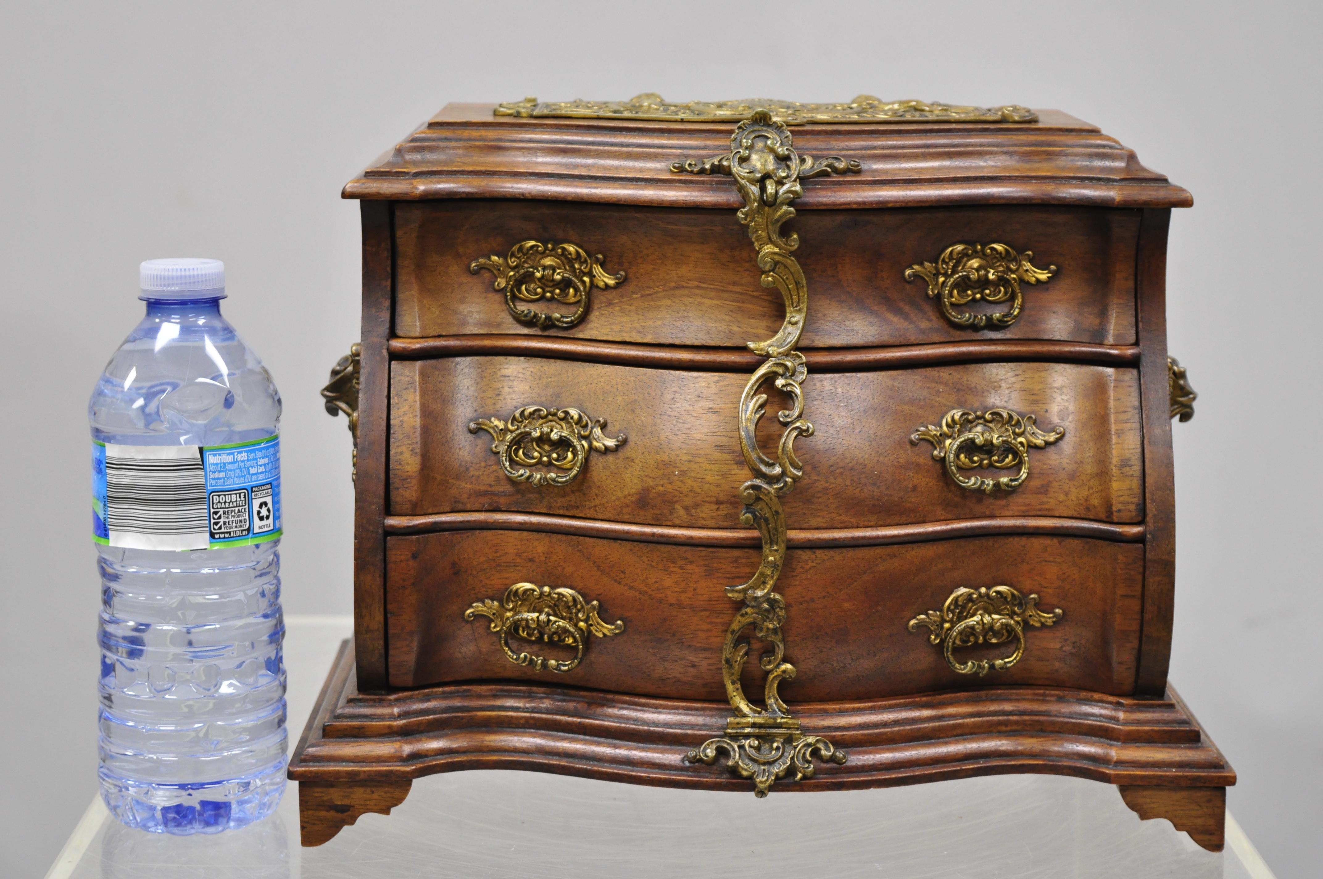 Antique Miniature Mahogany & Brass Continental Bombe Jewelry Box Chest 5