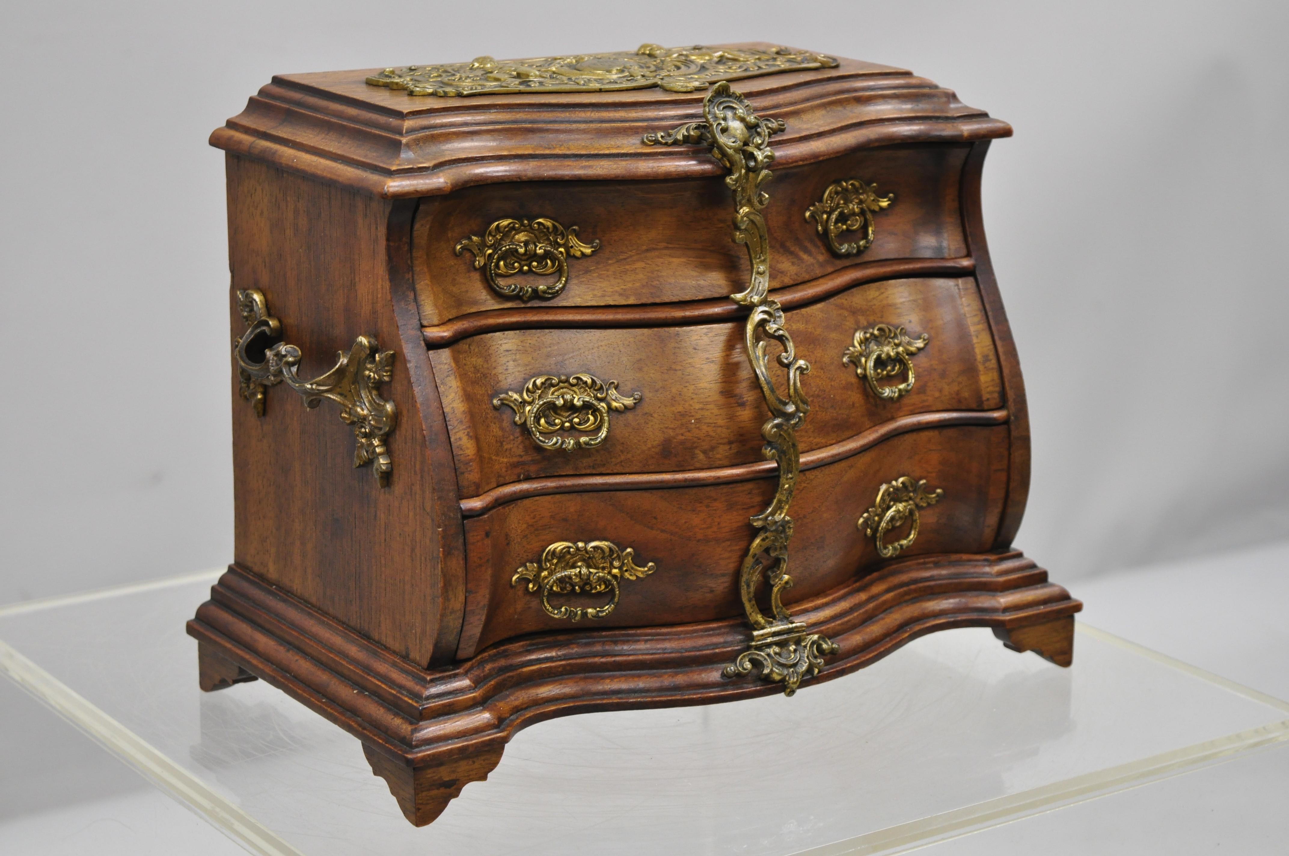 Antique Miniature Mahogany & Brass Continental Bombe Jewelry Box Chest 6