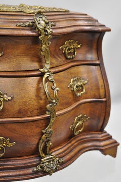 Antique Miniature Mahogany & Brass Continental Bombe Jewelry Box Chest